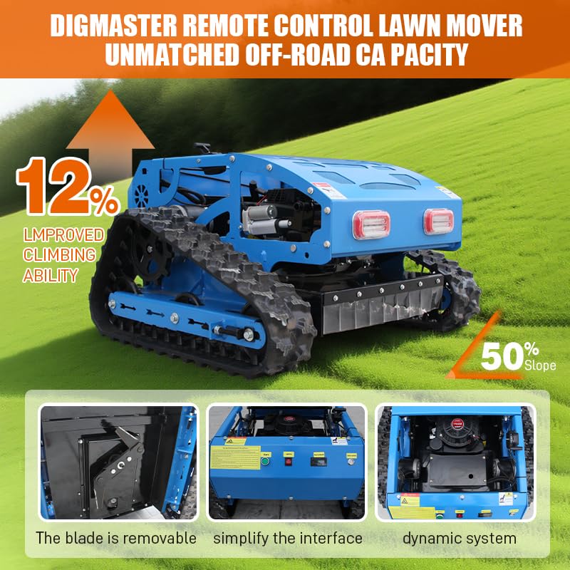 Remote Control Track Lawn Mower – 9HP Gas Engine, 600m Range, 21.6" Cutting Width, Adjustable Height RC Robotic Lawn Mower for Slopes, Orchards & Commercial Landscaping (MP-M550-biue)