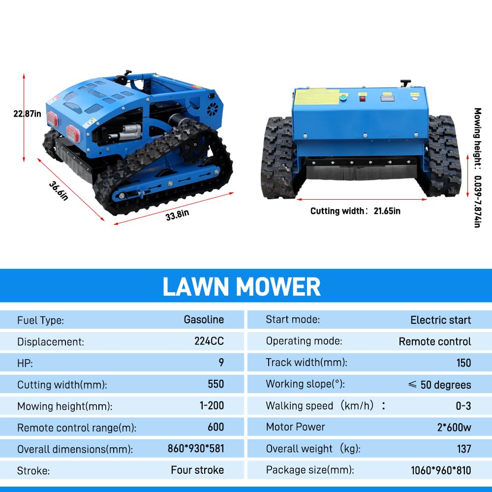 Remote Control Track Lawn Mower – 9HP Gas Engine, 600m Range, 21.6" Cutting Width, Adjustable Height RC Robotic Lawn Mower for Slopes, Orchards & Commercial Landscaping (MP-M550-biue)