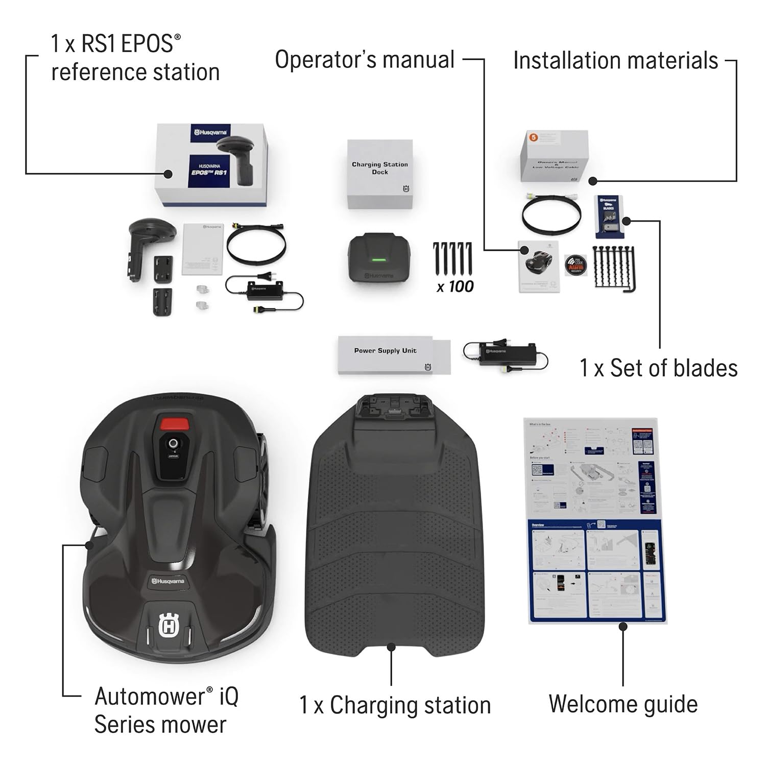 Husqvarna 410iQ Automower Robotic Mower, 0.5 Acre Mowing Capacity, Wire Free Robot Lawn Mower with Charging Station, RS1 EPOS Reference Station and Replacement Blades, 970727401