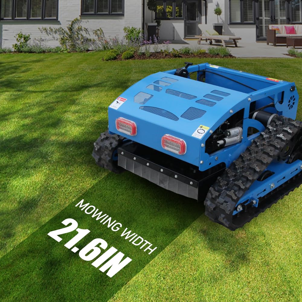 Remote Control Track Lawn Mower – 9HP Gas Engine, 600m Range, 21.6" Cutting Width, Adjustable Height RC Robotic Lawn Mower for Slopes, Orchards & Commercial Landscaping (MP-M550-biue)