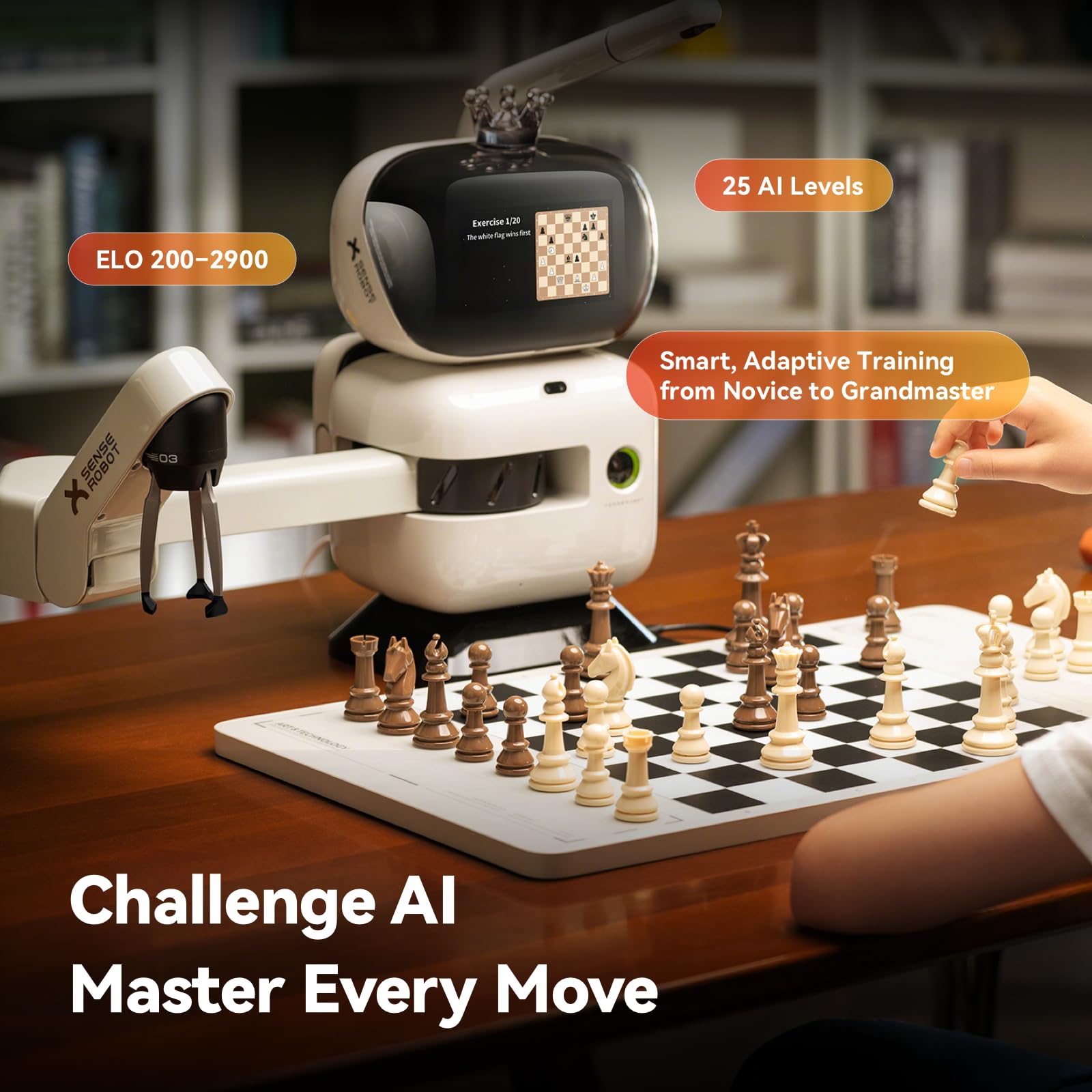 AI Chess Robot with Robotic Arm Electronic Computer Chess Board– 25 AI Levels, 1200+ Exercises, Endgame Trainer, Classic Game Replay