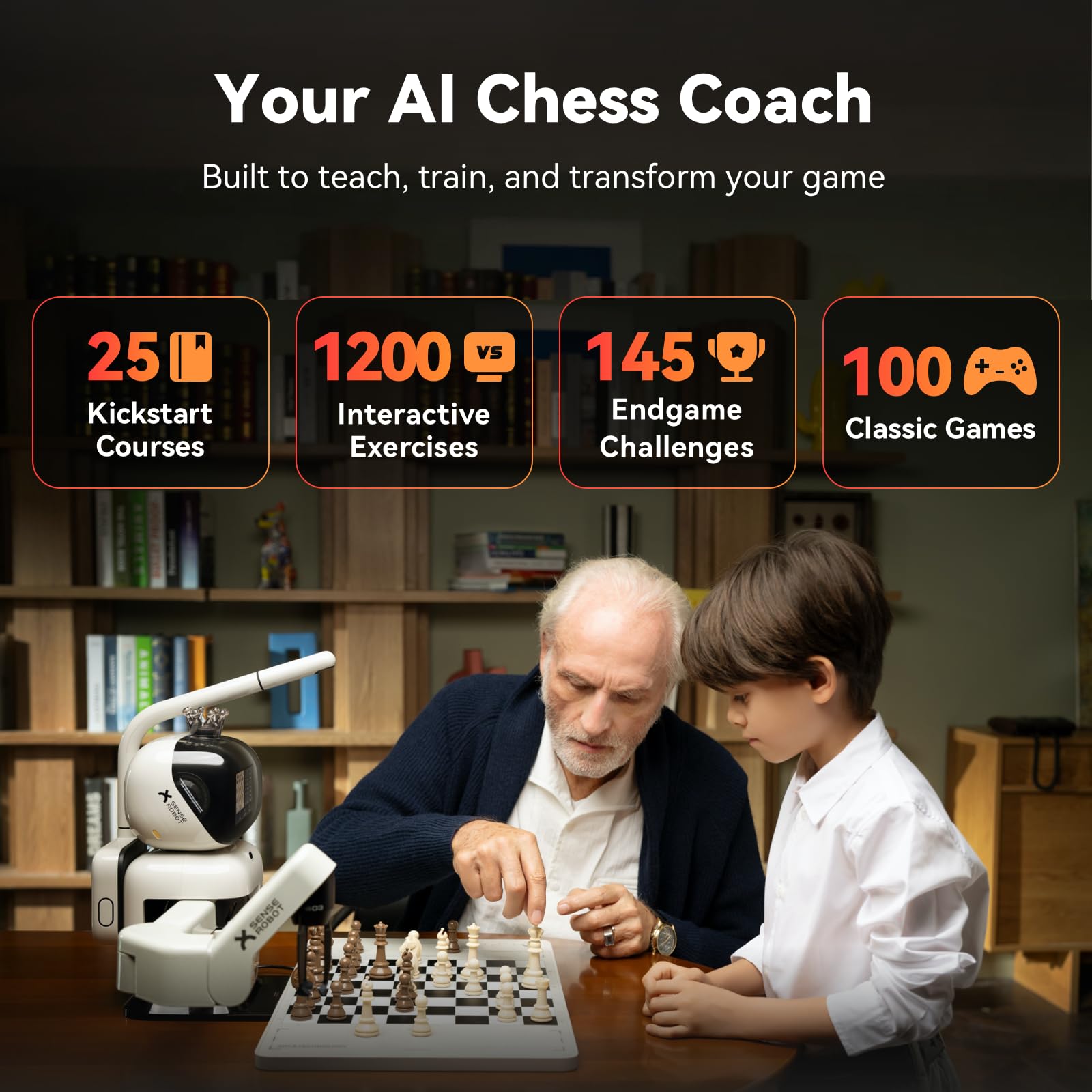 AI Chess Robot with Robotic Arm Electronic Computer Chess Board– 25 AI Levels, 1200+ Exercises, Endgame Trainer, Classic Game Replay