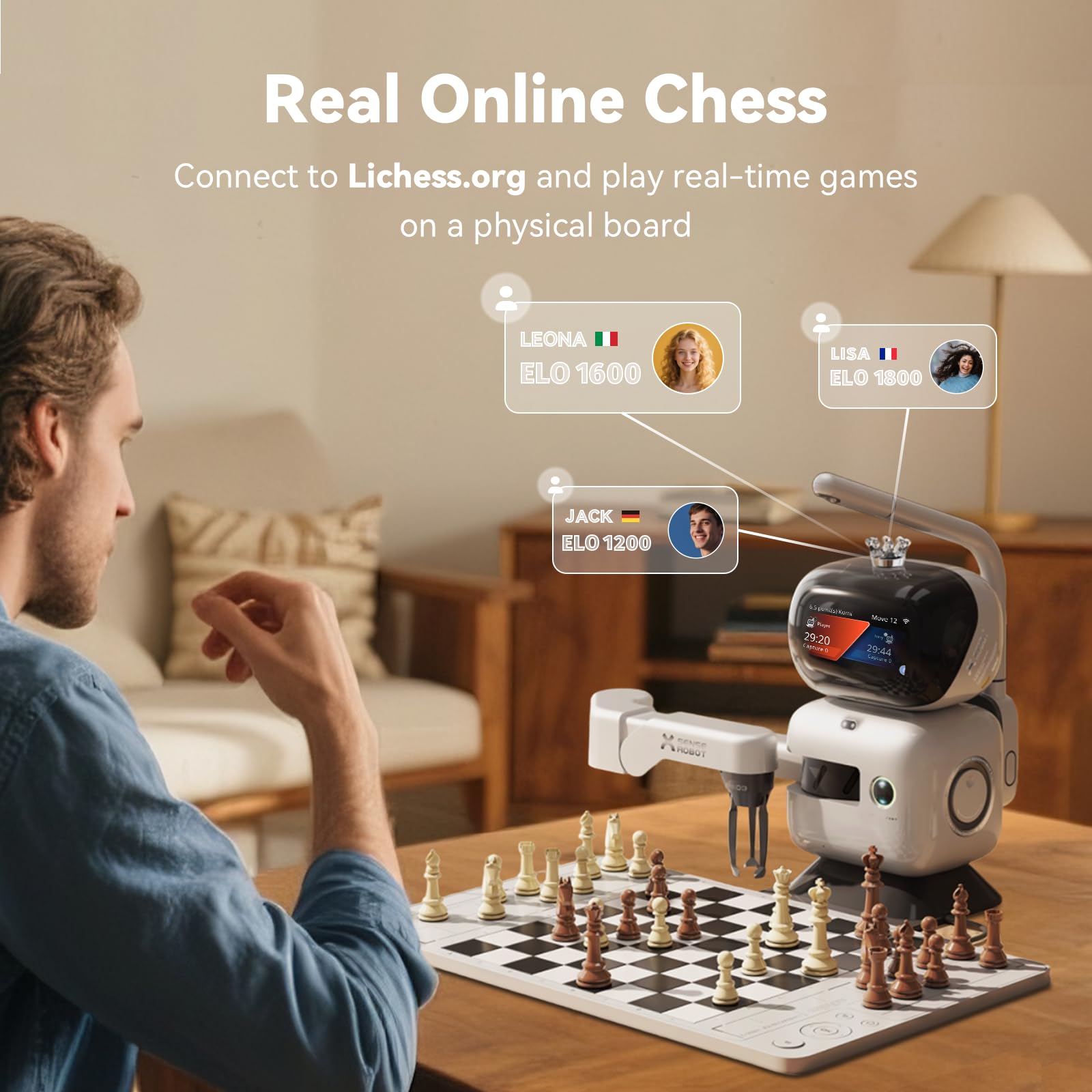 AI Chess Robot with Robotic Arm Electronic Computer Chess Board– 25 AI Levels, 1200+ Exercises, Endgame Trainer, Classic Game Replay