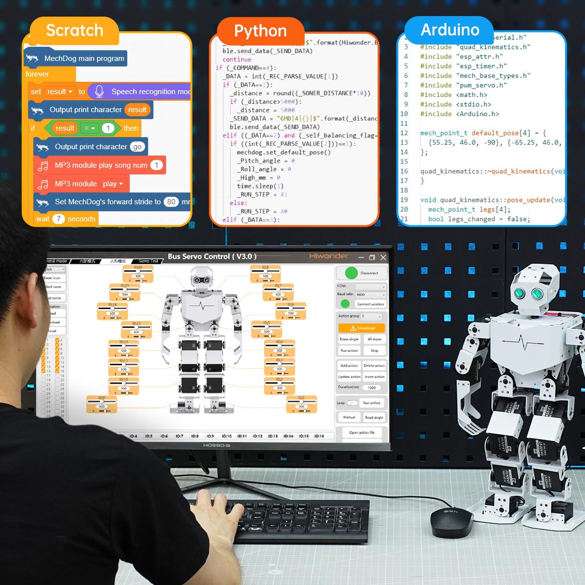 AI Vision & Voice Interaction Robot for Arduino Scratch Python Starter Programming 17DOF Humanoid Robot STEM Project Education Voice Command Walking Dancing Kicking Self-Stand Up, Tonybot Standard kit
