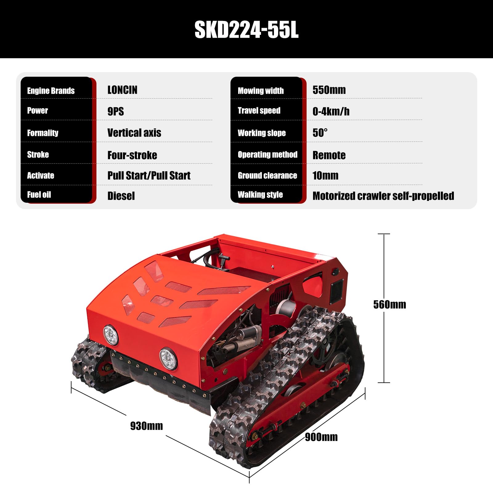 Lawn Mower, Remote Control Lawn Mower, Small Crawler Oil-Electric Hybrid Four-Wheel Drive Lawn Mowing and Weed Whacker, All Terrain Grass Cutter Yard Mower, 45° Climbing (SKD 224-55-SNOW)