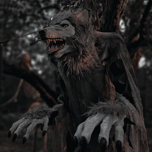 Haunted Hill Farm Motion-Activated 6-Ft. Tall Ghostly Guide, Plug-in Talking Scare Prop Animatronic with Spooky Sound Effects and Lights for Indoor or Covered Outdoor Creepy Halloween Decoration