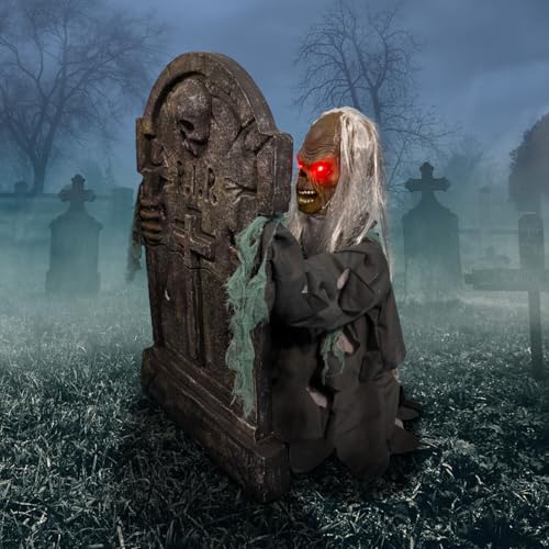 Haunted Hill Farm Lunging Pumpkin Carver Zombie Girl by Tekky, Motion-Activated Talking Halloween Animatronic for Indoor or Covered Outdoor Creepy Halloween Decorations, Plug-in or Battery Operated