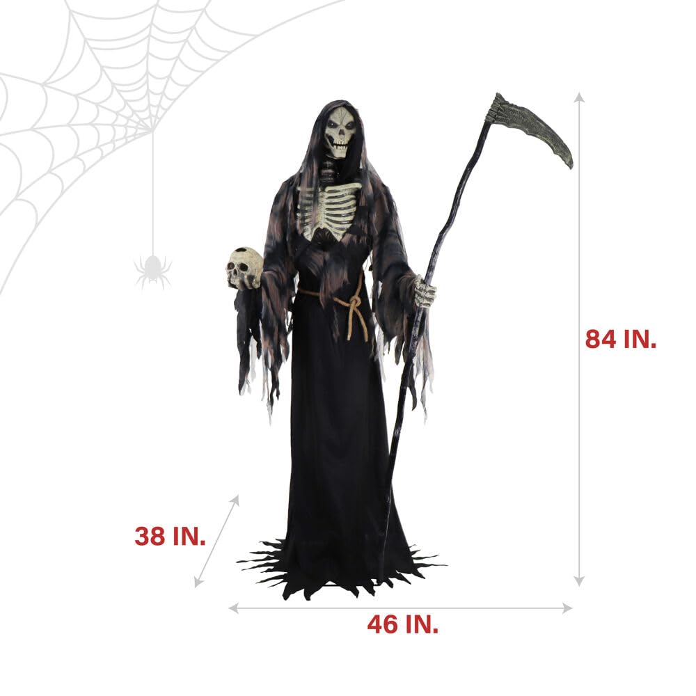 Haunted Hill Farm Motion-Activated 6-Ft. Tall Ghostly Guide, Plug-in Talking Scare Prop Animatronic with Spooky Sound Effects and Lights for Indoor or Covered Outdoor Creepy Halloween Decoration