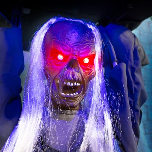 Haunted Hill Farm Lunging Pumpkin Carver Zombie Girl by Tekky, Motion-Activated Talking Halloween Animatronic for Indoor or Covered Outdoor Creepy Halloween Decorations, Plug-in or Battery Operated