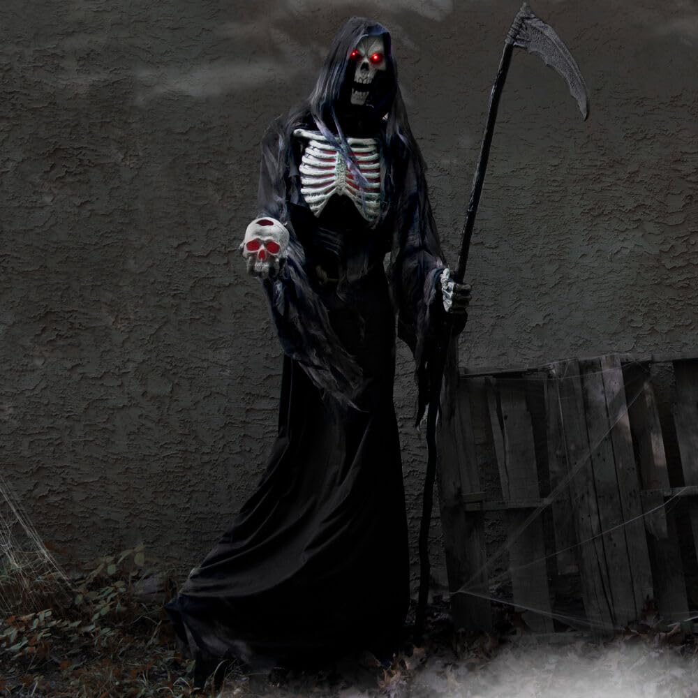 Haunted Hill Farm Motion-Activated 6-Ft. Tall Ghostly Guide, Plug-in Talking Scare Prop Animatronic with Spooky Sound Effects and Lights for Indoor or Covered Outdoor Creepy Halloween Decoration