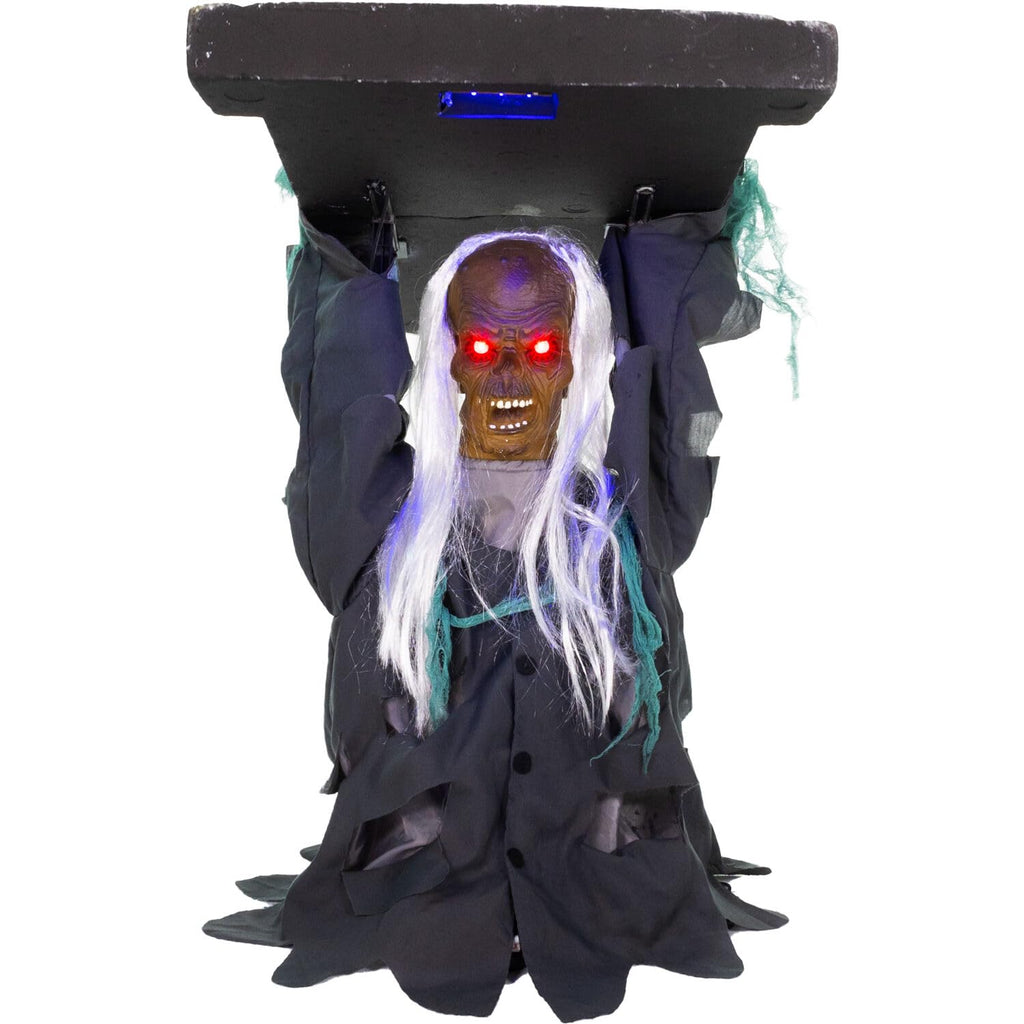 Haunted Hill Farm Lunging Pumpkin Carver Zombie Girl by Tekky, Motion-Activated Talking Halloween Animatronic for Indoor or Covered Outdoor Creepy Halloween Decorations, Plug-in or Battery Operated
