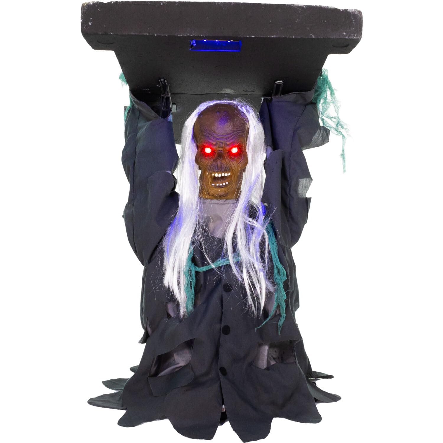 Haunted Hill Farm Lunging Pumpkin Carver Zombie Girl by Tekky, Motion-Activated Talking Halloween Animatronic for Indoor or Covered Outdoor Creepy Halloween Decorations, Plug-in or Battery Operated