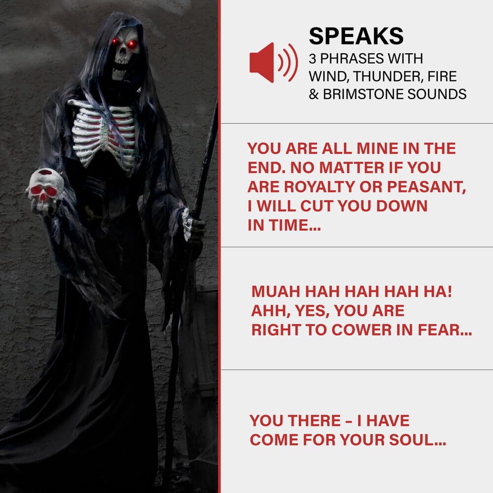 Haunted Hill Farm Motion-Activated 6-Ft. Tall Ghostly Guide, Plug-in Talking Scare Prop Animatronic with Spooky Sound Effects and Lights for Indoor or Covered Outdoor Creepy Halloween Decoration