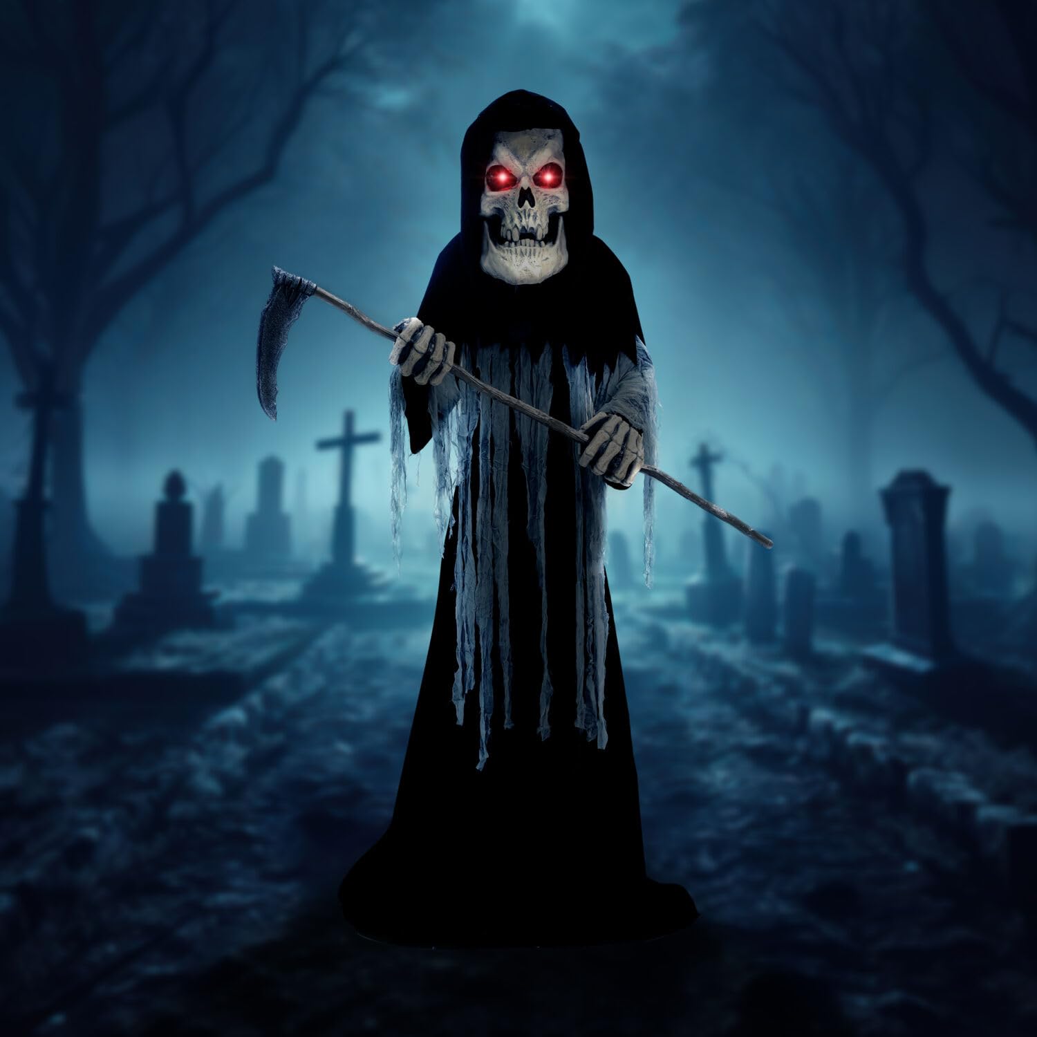 Haunted Hill Farm Motion-Activated 6-Ft. Tall Ghostly Guide, Plug-in Talking Scare Prop Animatronic with Spooky Sound Effects and Lights for Indoor or Covered Outdoor Creepy Halloween Decoration