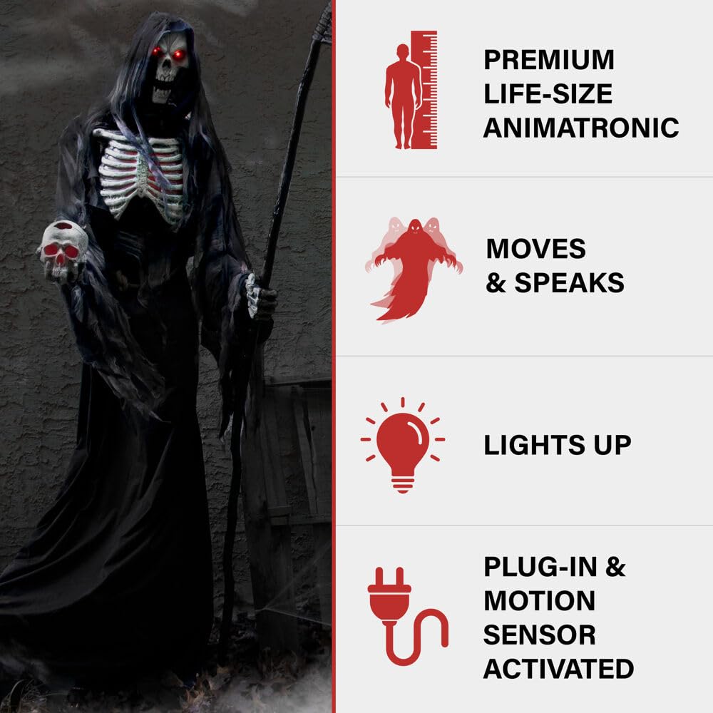 Haunted Hill Farm Motion-Activated 6-Ft. Tall Ghostly Guide, Plug-in Talking Scare Prop Animatronic with Spooky Sound Effects and Lights for Indoor or Covered Outdoor Creepy Halloween Decoration