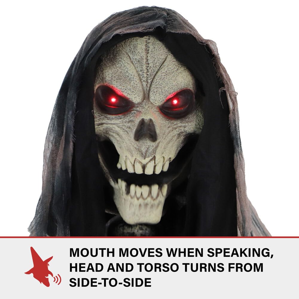 Haunted Hill Farm Motion-Activated 6-Ft. Tall Ghostly Guide, Plug-in Talking Scare Prop Animatronic with Spooky Sound Effects and Lights for Indoor or Covered Outdoor Creepy Halloween Decoration