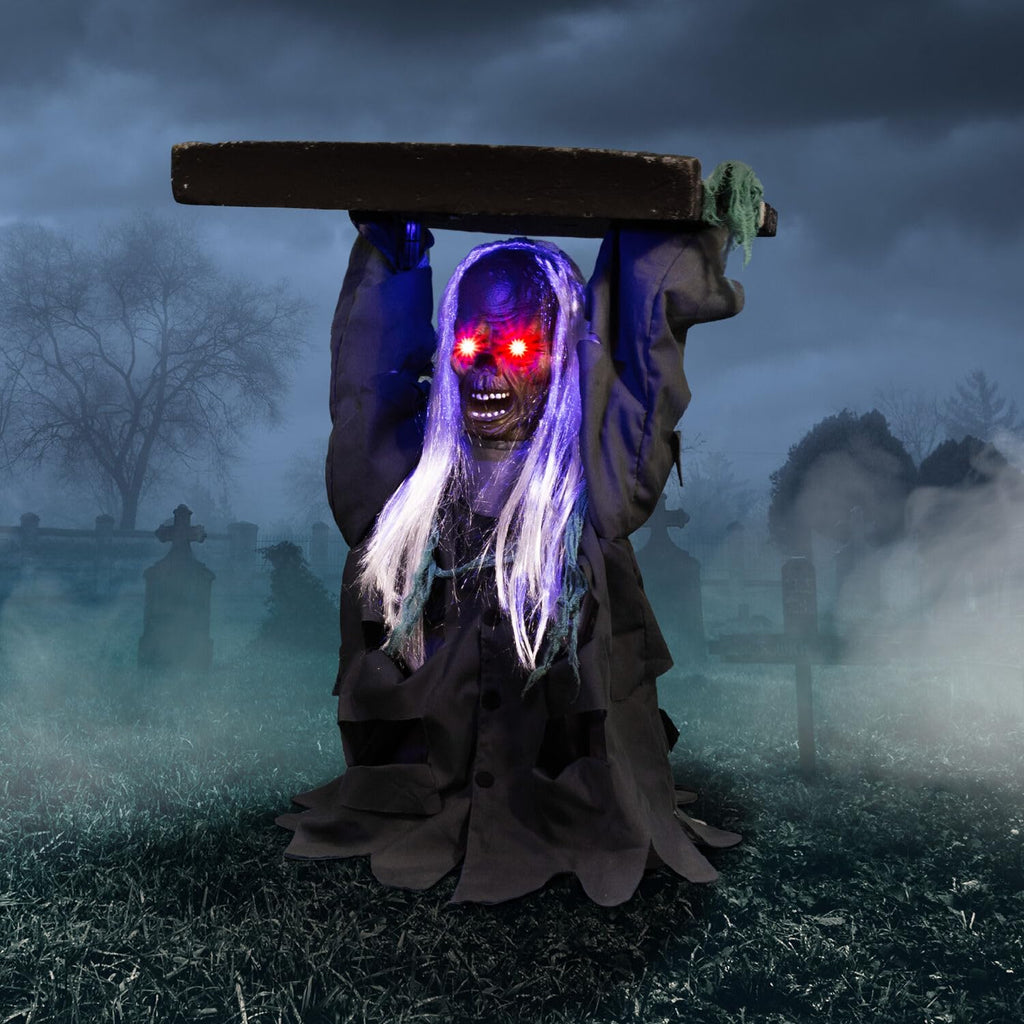 Haunted Hill Farm Lunging Pumpkin Carver Zombie Girl by Tekky, Motion-Activated Talking Halloween Animatronic for Indoor or Covered Outdoor Creepy Halloween Decorations, Plug-in or Battery Operated