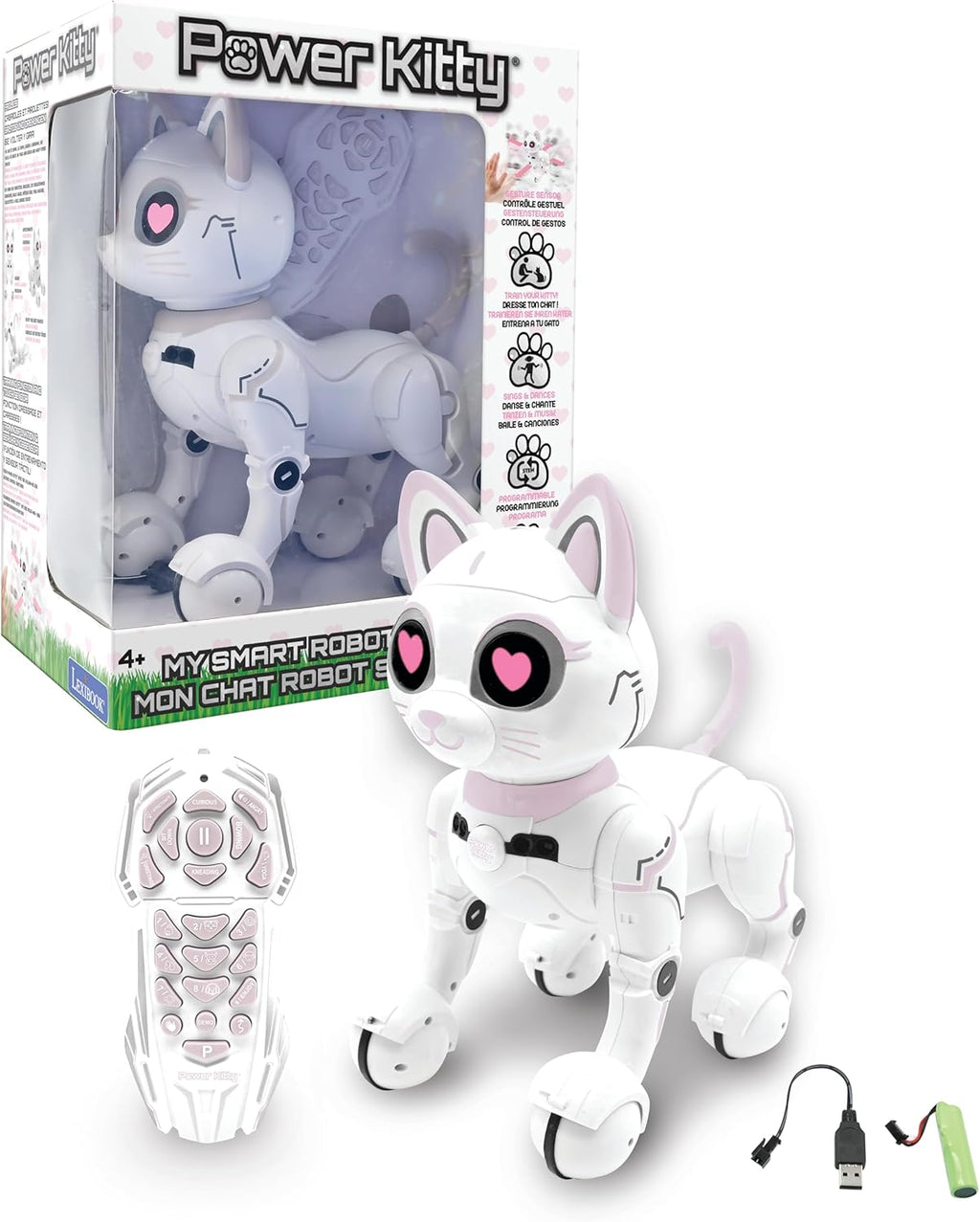 LEXiBOOK - Power Kitty® - Remote Control Robot Cat, Programmable Smart Robot, Light, Sound, White/Pink - KITTY01