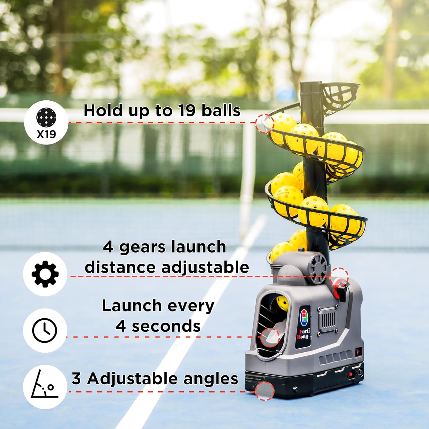 681PBH Pickleball Machine with Auto Swing, 3 Angles & 4 Speeds Adjustable, Portable Pickleball Launcher for Indoors & Outdoors Practice, Powered by Power Bank/Batteries/AC Power, for Beginners