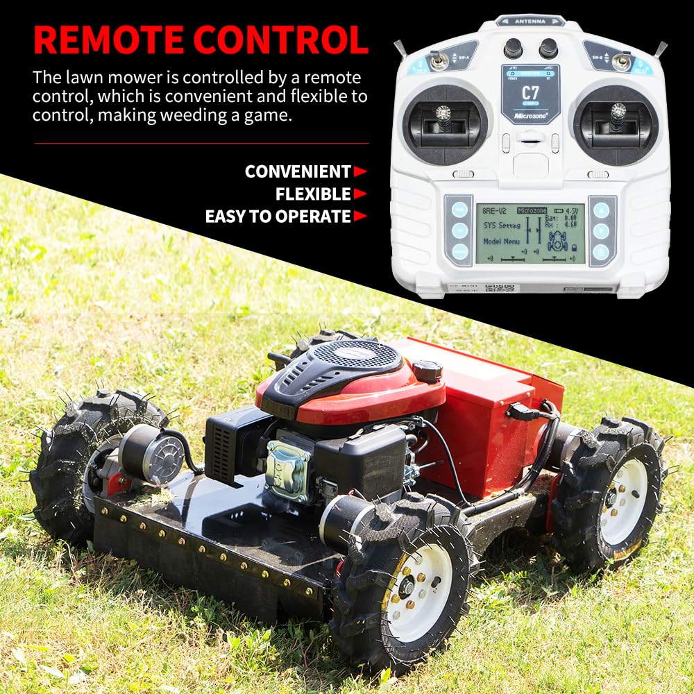 Lawn Mower, Remote Control Lawn Mower, Small Crawler Oil-Electric Hybrid Four-Wheel Drive Lawn Mowing and Weed Whacker, All Terrain Grass Cutter Yard Mower, 45° Climbing (SKD 224-55-SNOW)