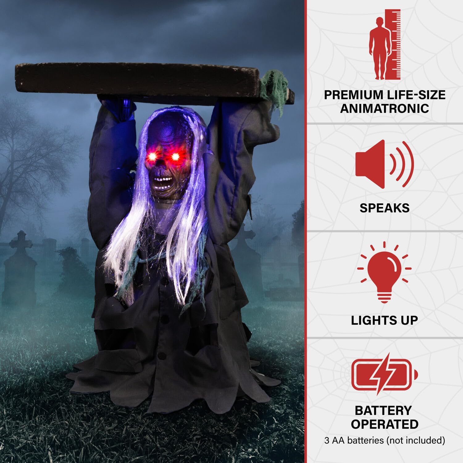 Haunted Hill Farm Lunging Pumpkin Carver Zombie Girl by Tekky, Motion-Activated Talking Halloween Animatronic for Indoor or Covered Outdoor Creepy Halloween Decorations, Plug-in or Battery Operated