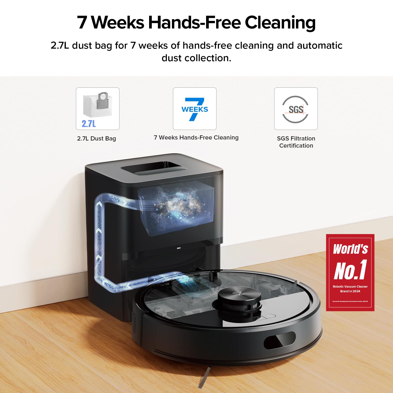 roborock Q7 M5+ Robot Vacuum and Mop, Upgraded from Q5 Max+, 7 Weeks Self-Emptying, 10000Pa Suction, Dual Anti-Tangle System, for Pet Hair & Carpet, PreciSense LiDAR Navigation, App Control, White