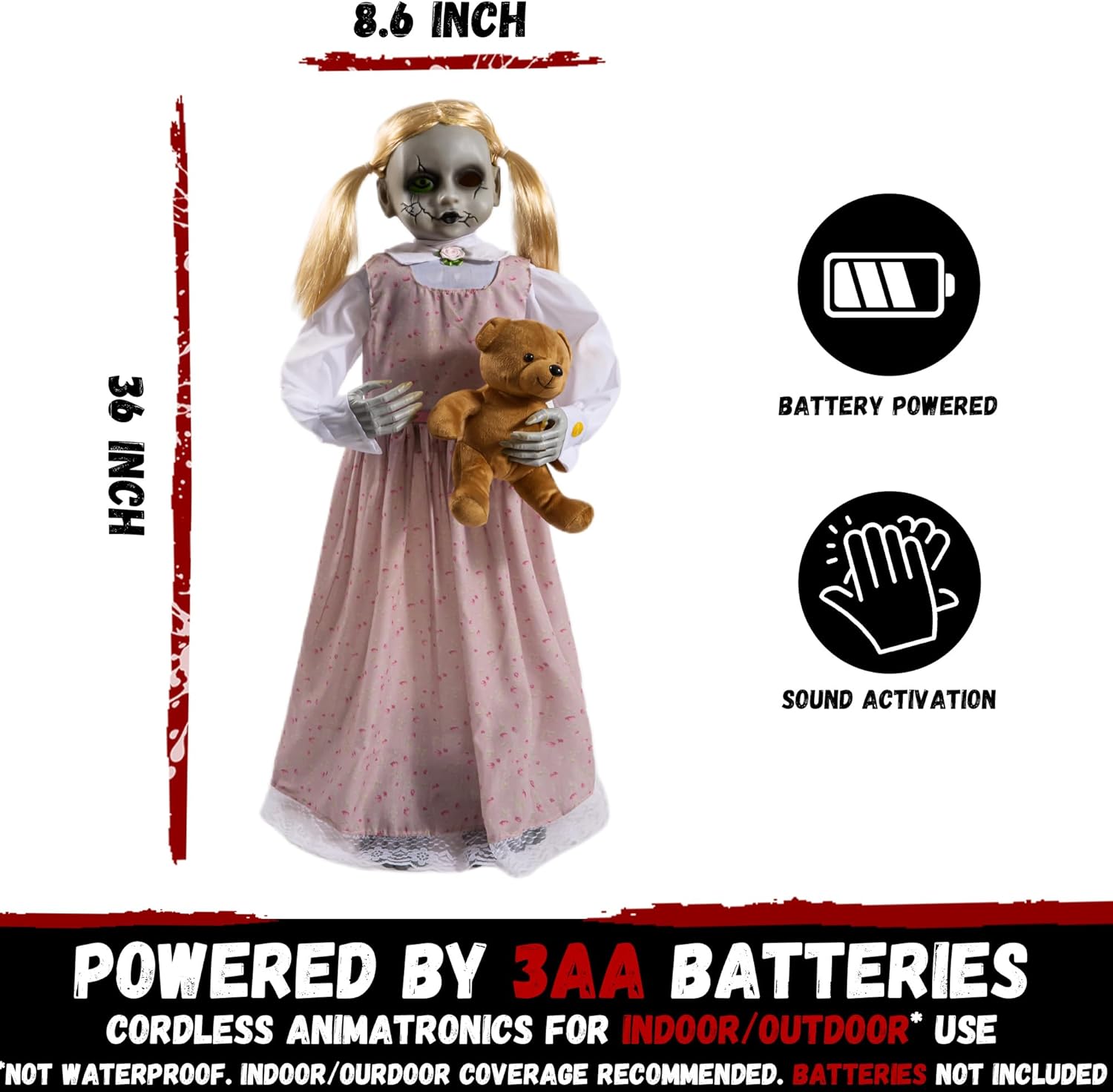 Halloween Animatronics 36inch Doll, 3ft Animated Decorations with Sound Activated, Creepy Sound, Light Up Eyes, Scary Move, Haunted House Holiday Spooky Decor Horror Prop for Indoor, Outdoor, Yard