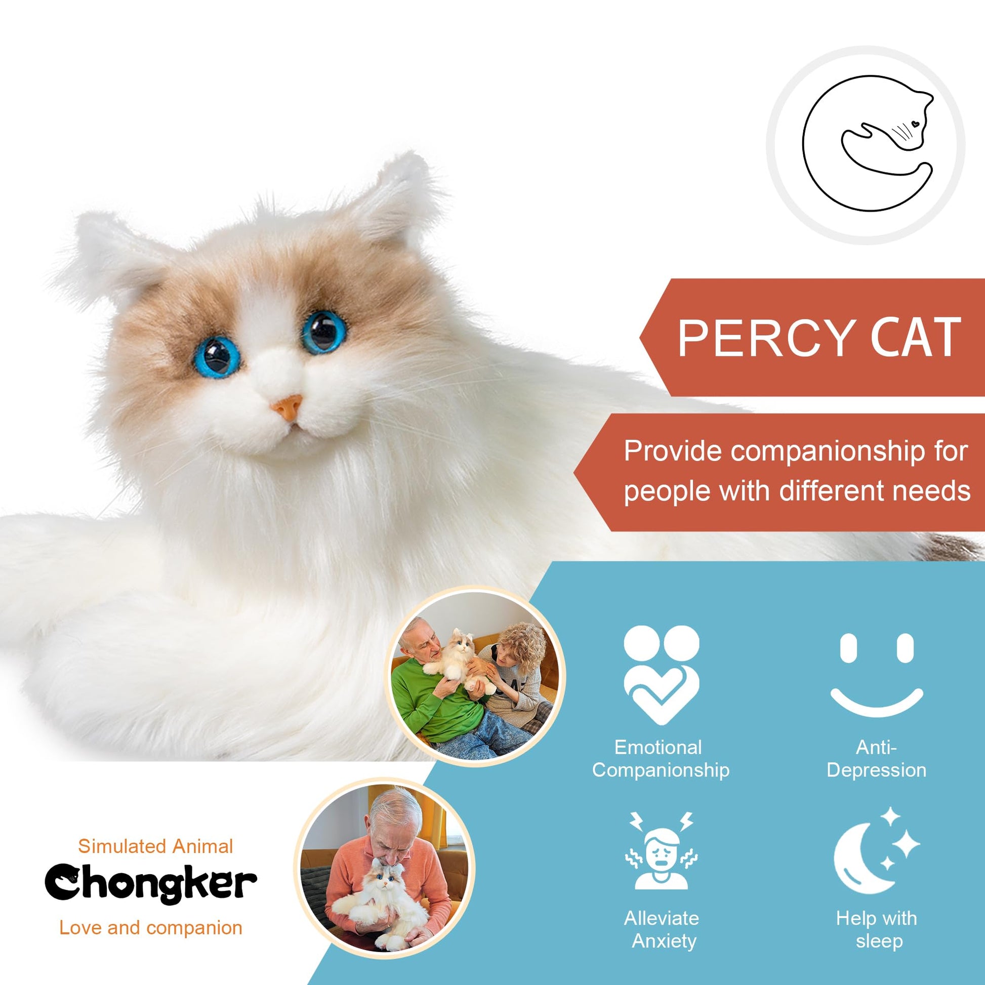 Chongker Interactive Companion Robot Cat Pets, Handmade Weighted Stuffed Animals, Cat Plush Toy with Voice Response, Realistic Heartbeat and Purring, Black Cat