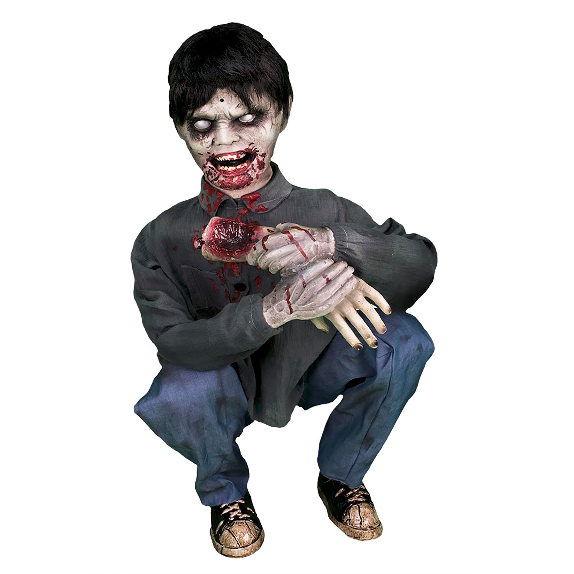 Haunted Hill Farm Lunging Pumpkin Carver Zombie Girl by Tekky, Motion-Activated Talking Halloween Animatronic for Indoor or Covered Outdoor Creepy Halloween Decorations, Plug-in or Battery Operated