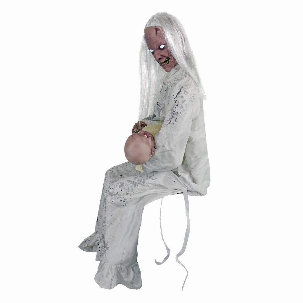 Haunted Hill Farm Lunging Pumpkin Carver Zombie Girl by Tekky, Motion-Activated Talking Halloween Animatronic for Indoor or Covered Outdoor Creepy Halloween Decorations, Plug-in or Battery Operated