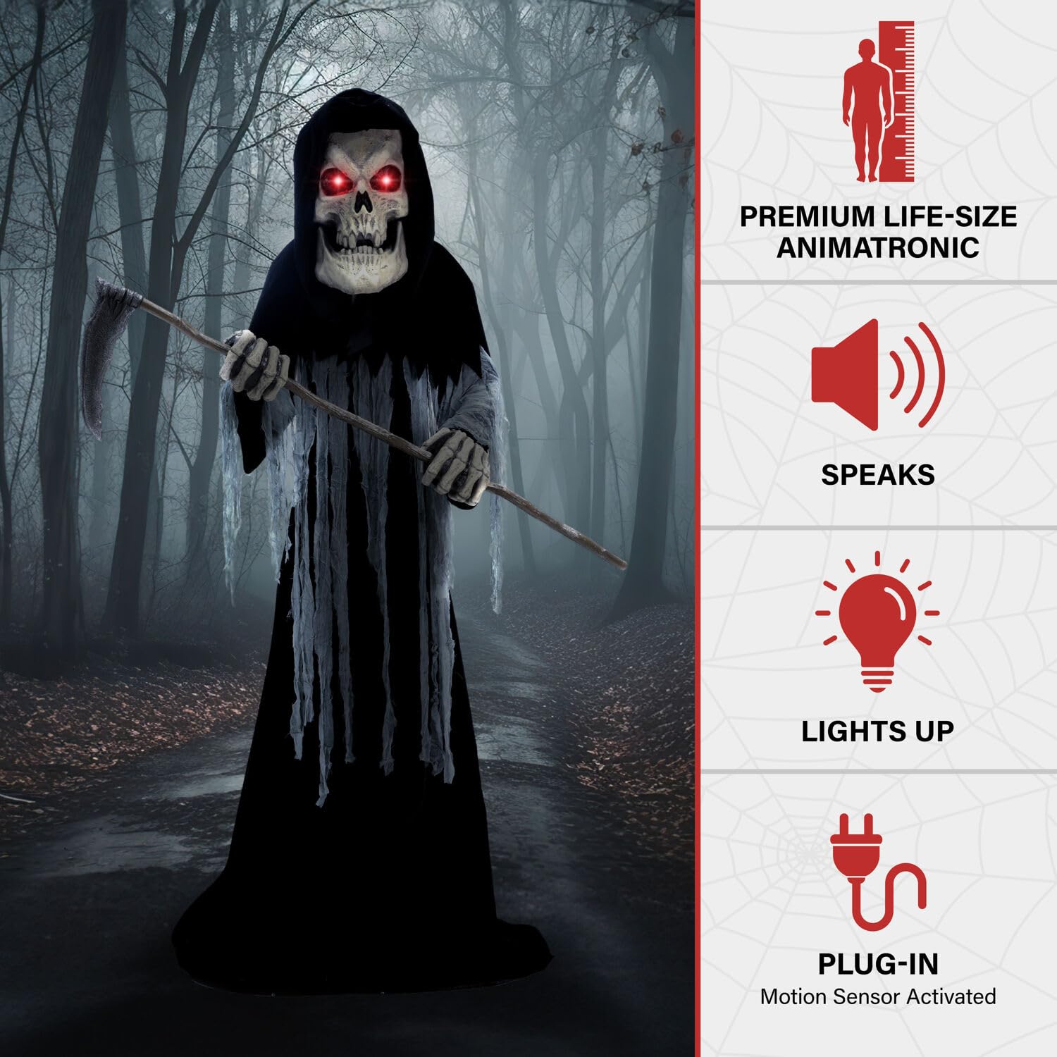 Haunted Hill Farm Motion-Activated 6-Ft. Tall Ghostly Guide, Plug-in Talking Scare Prop Animatronic with Spooky Sound Effects and Lights for Indoor or Covered Outdoor Creepy Halloween Decoration