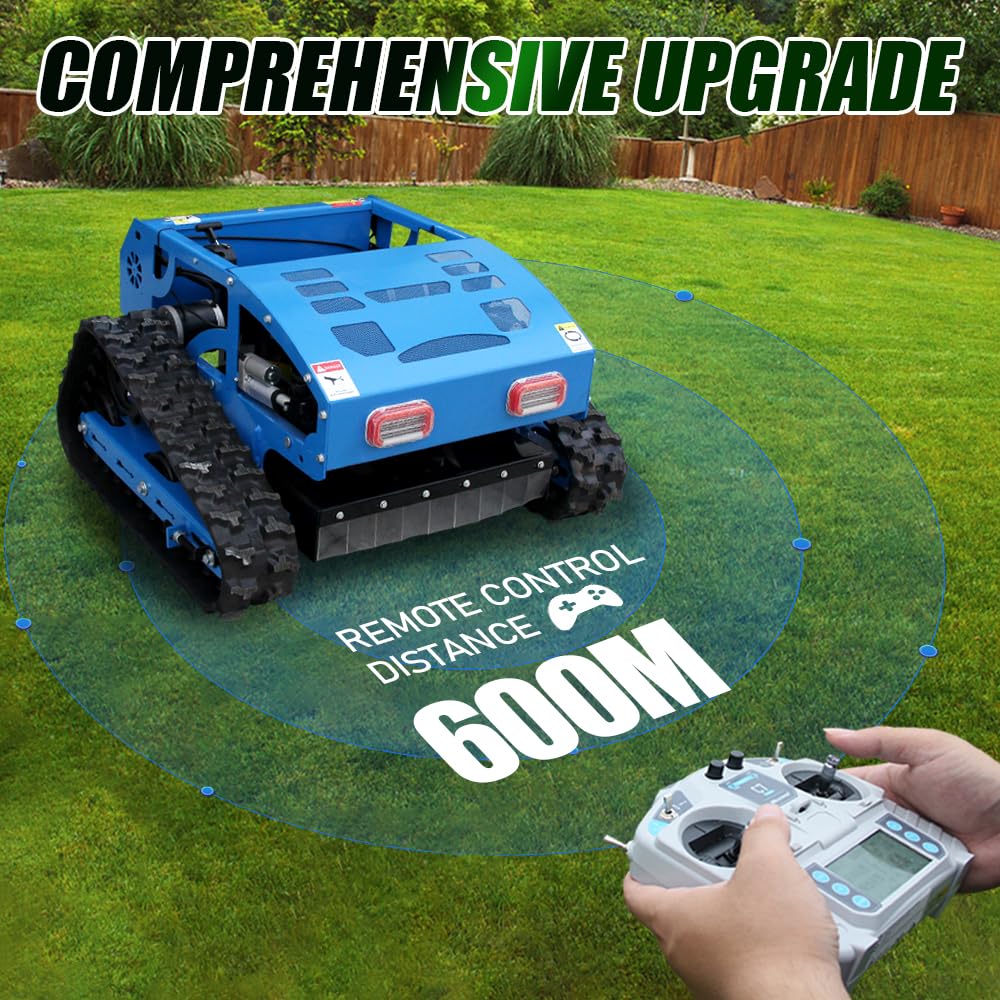 Remote Control Track Lawn Mower – 9HP Gas Engine, 600m Range, 21.6" Cutting Width, Adjustable Height RC Robotic Lawn Mower for Slopes, Orchards & Commercial Landscaping (MP-M550-biue)