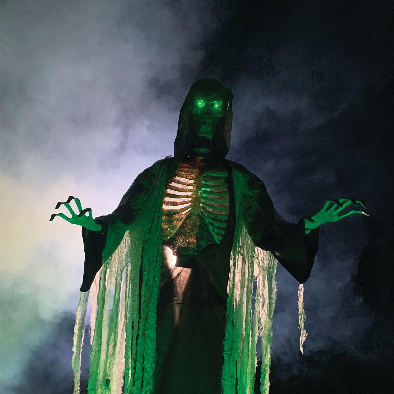 Haunted Hill Farm Motion-Activated 6-Ft. Tall Ghostly Guide, Plug-in Talking Scare Prop Animatronic with Spooky Sound Effects and Lights for Indoor or Covered Outdoor Creepy Halloween Decoration