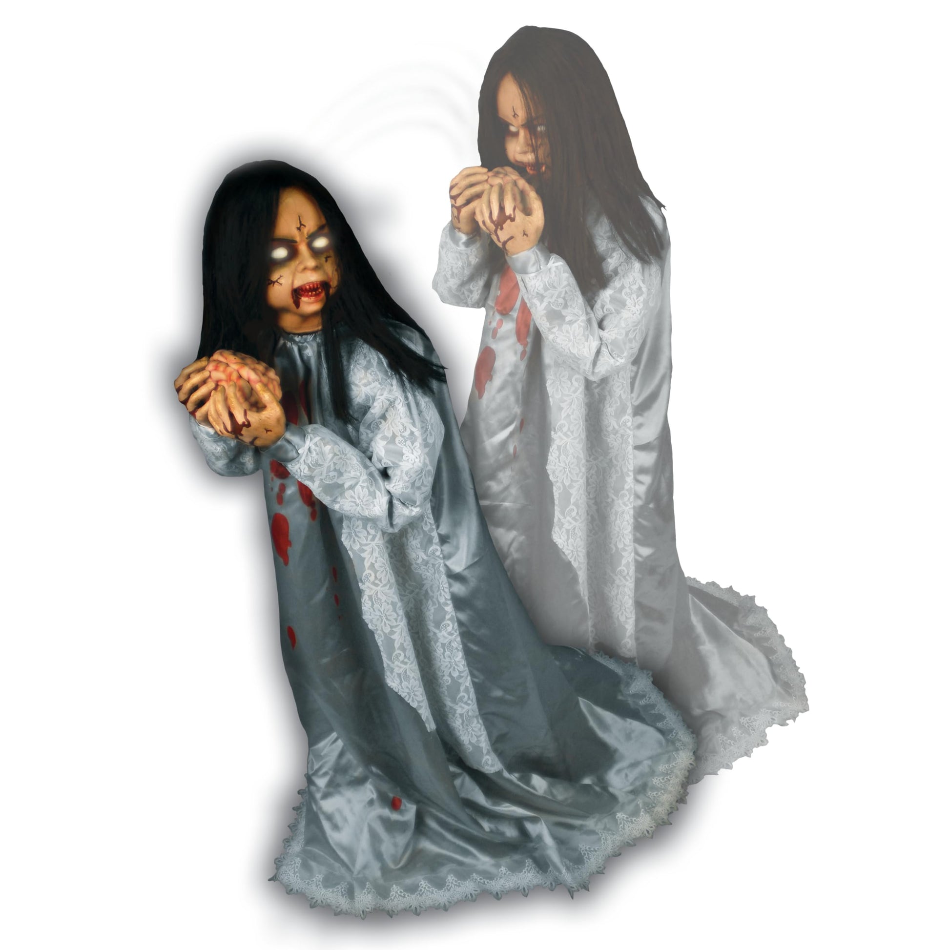 Haunted Hill Farm Lunging Pumpkin Carver Zombie Girl by Tekky, Motion-Activated Talking Halloween Animatronic for Indoor or Covered Outdoor Creepy Halloween Decorations, Plug-in or Battery Operated