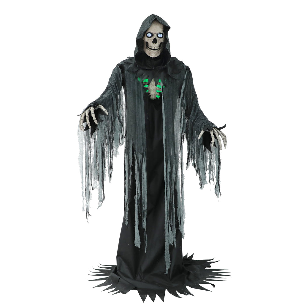 Haunted Hill Farm Motion-Activated 6-Ft. Tall Ghostly Guide, Plug-in Talking Scare Prop Animatronic with Spooky Sound Effects and Lights for Indoor or Covered Outdoor Creepy Halloween Decoration