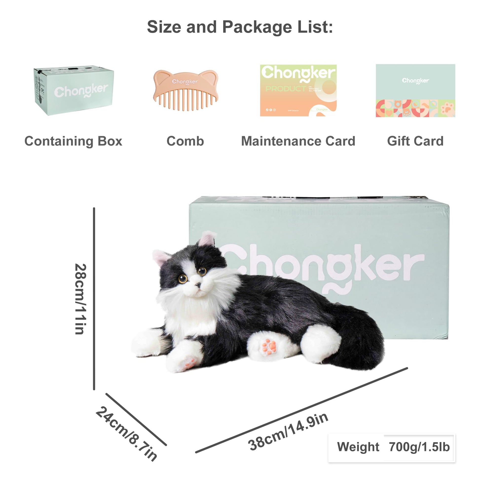Chongker Interactive Companion Robot Cat Pets, Handmade Weighted Stuffed Animals, Cat Plush Toy with Voice Response, Realistic Heartbeat and Purring, Black Cat