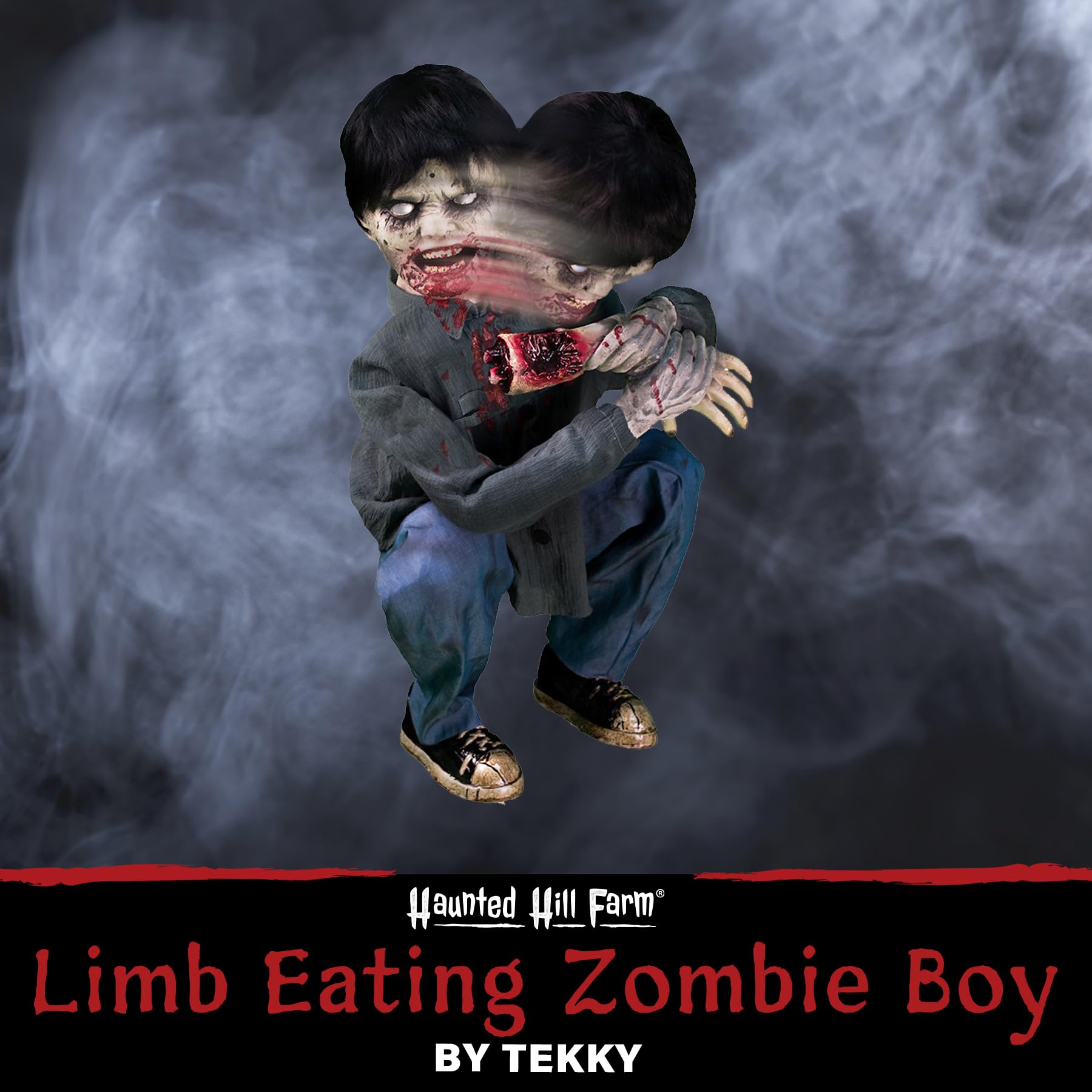 Haunted Hill Farm Lunging Pumpkin Carver Zombie Girl by Tekky, Motion-Activated Talking Halloween Animatronic for Indoor or Covered Outdoor Creepy Halloween Decorations, Plug-in or Battery Operated