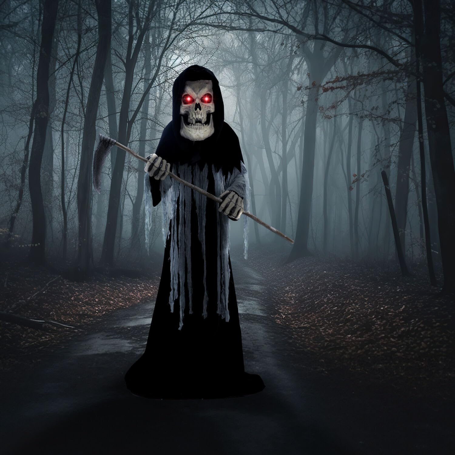 Haunted Hill Farm Motion-Activated 6-Ft. Tall Ghostly Guide, Plug-in Talking Scare Prop Animatronic with Spooky Sound Effects and Lights for Indoor or Covered Outdoor Creepy Halloween Decoration