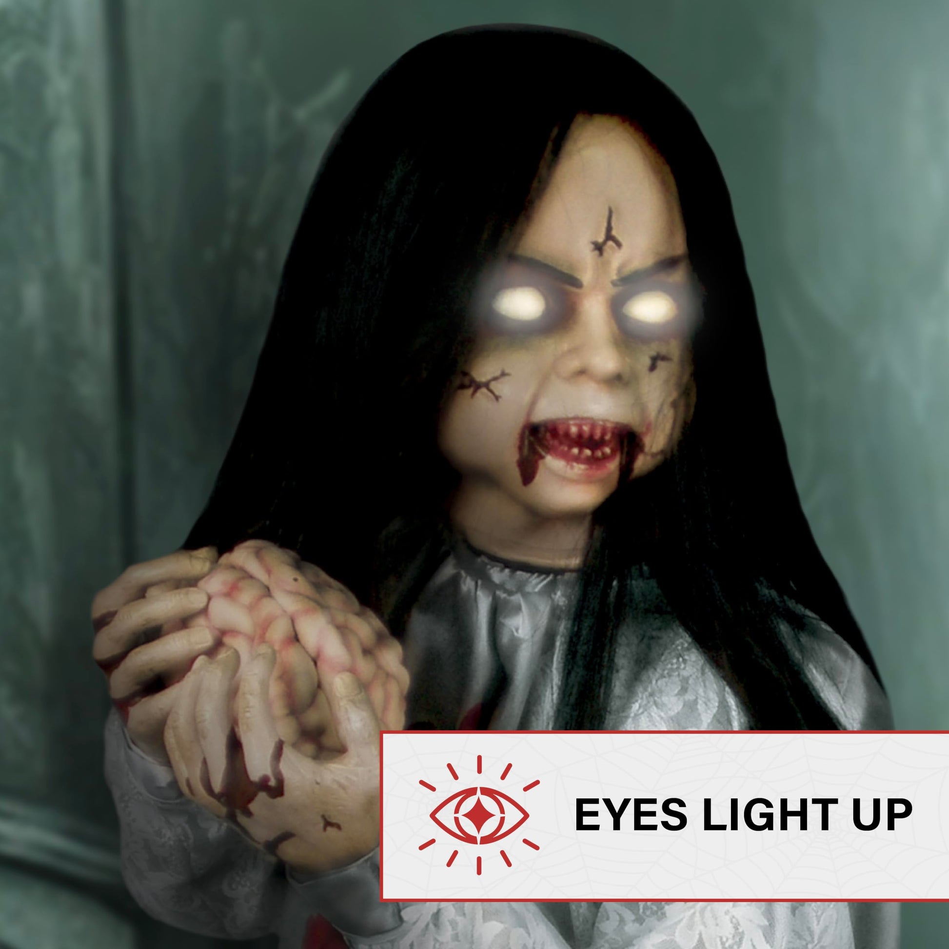 Haunted Hill Farm Lunging Pumpkin Carver Zombie Girl by Tekky, Motion-Activated Talking Halloween Animatronic for Indoor or Covered Outdoor Creepy Halloween Decorations, Plug-in or Battery Operated