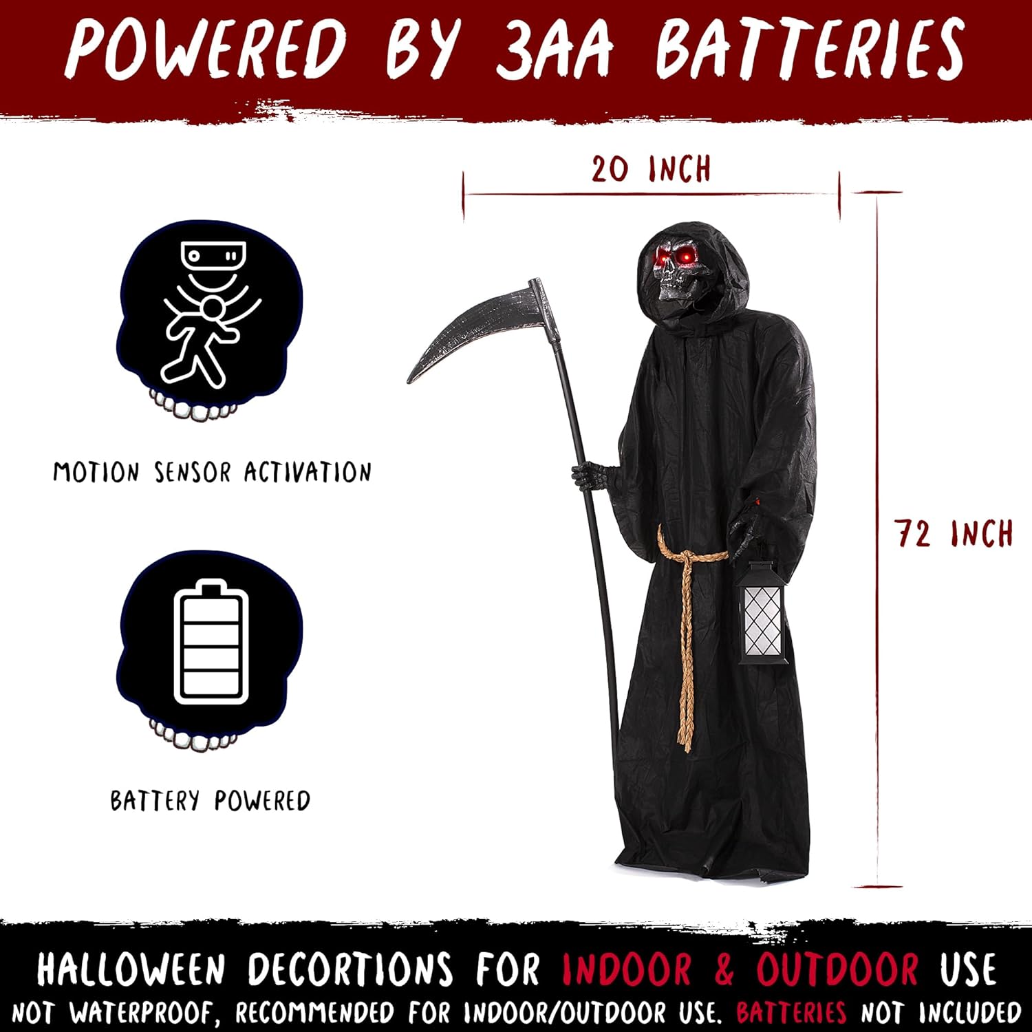 Halloween Animatronics 6ft Grim Reaper, 72inch Animated Skeleton Decoration with Sensor Activated, Creepy Voice, Spooky Skull Head, Light Up Eyes, Haunted Scary Move Horror Prop for Indoor, Outdoor