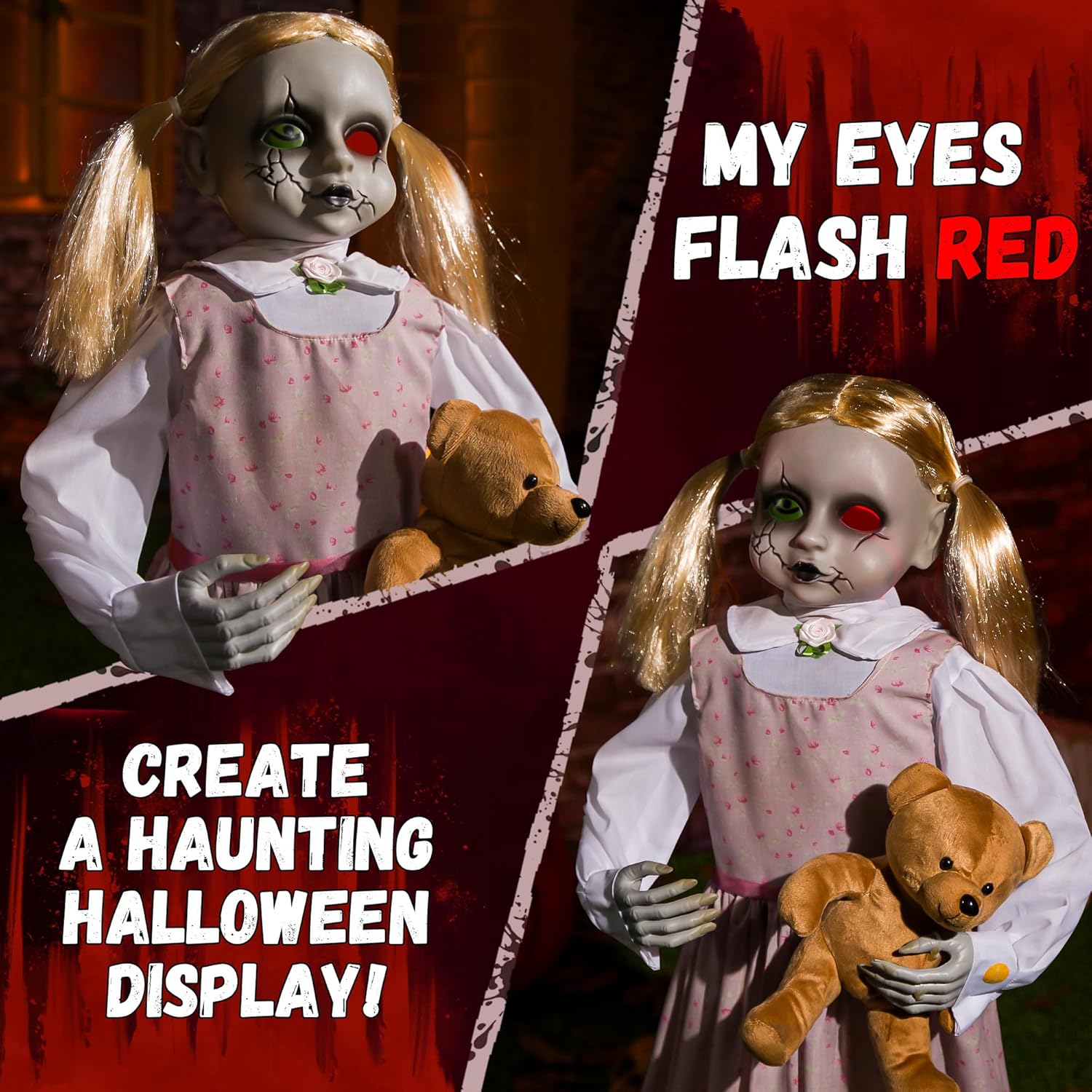 Halloween Animatronics 36inch Doll, 3ft Animated Decorations with Sound Activated, Creepy Sound, Light Up Eyes, Scary Move, Haunted House Holiday Spooky Decor Horror Prop for Indoor, Outdoor, Yard
