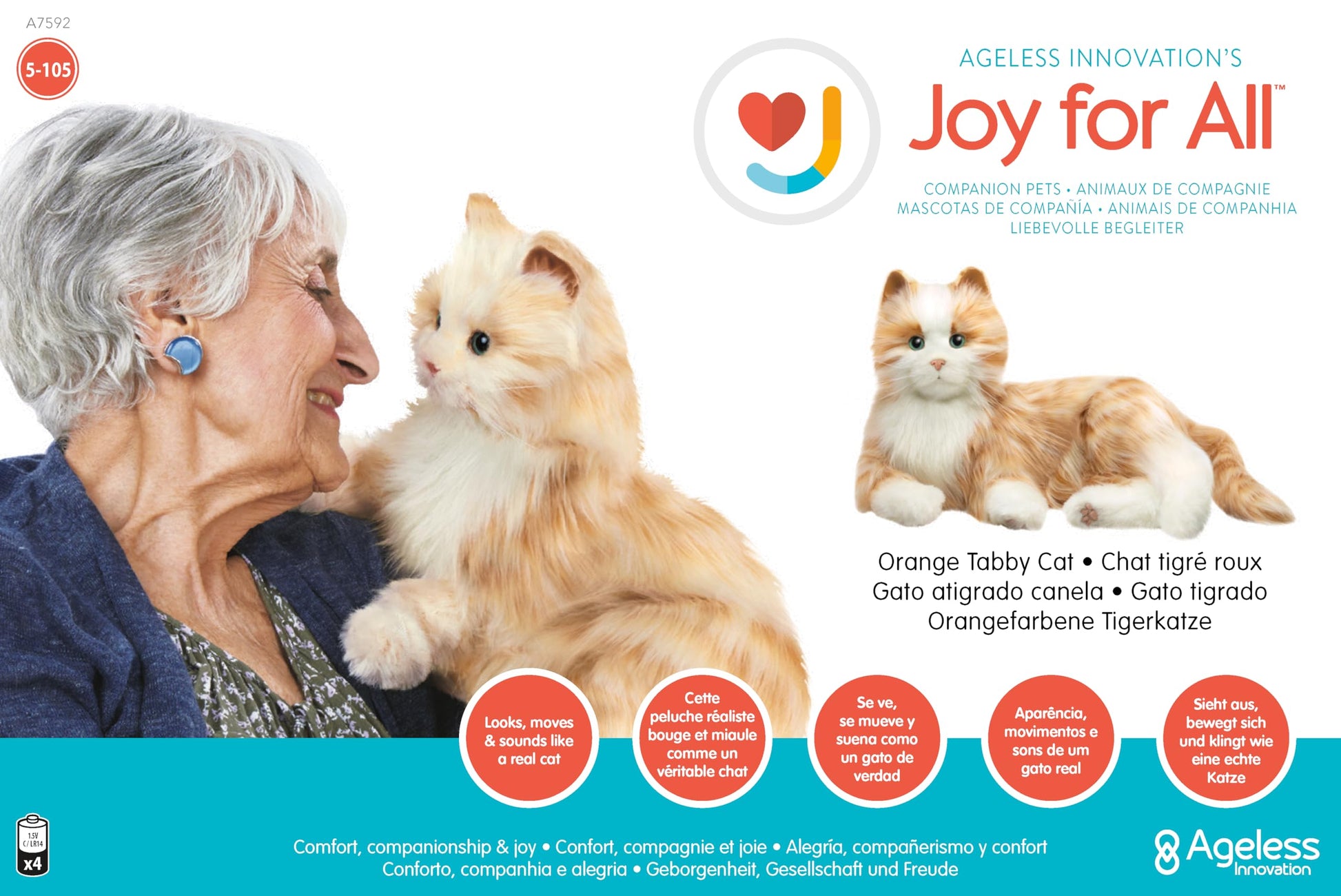 JOY FOR ALL Companion Pet for Seniors - Lifelike Animatronic Cat - Realistic Soft-Touch Fur & Purring - Therapy Stuffed Animal - Toy for Alzheimer's & Dementia - Orange Tabby