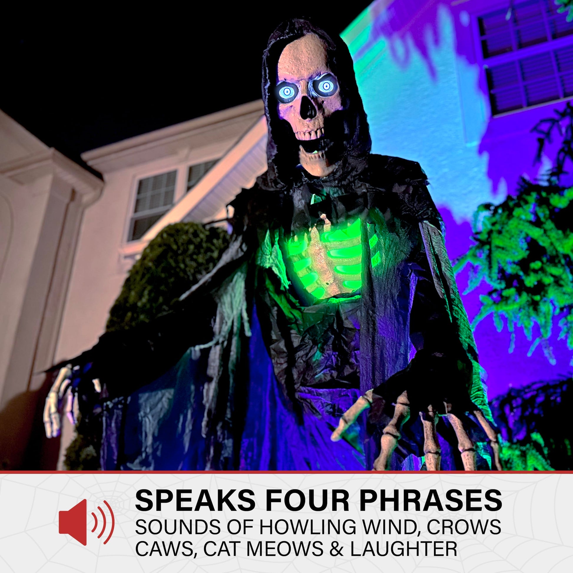 Haunted Hill Farm Motion-Activated 6-Ft. Tall Ghostly Guide, Plug-in Talking Scare Prop Animatronic with Spooky Sound Effects and Lights for Indoor or Covered Outdoor Creepy Halloween Decoration