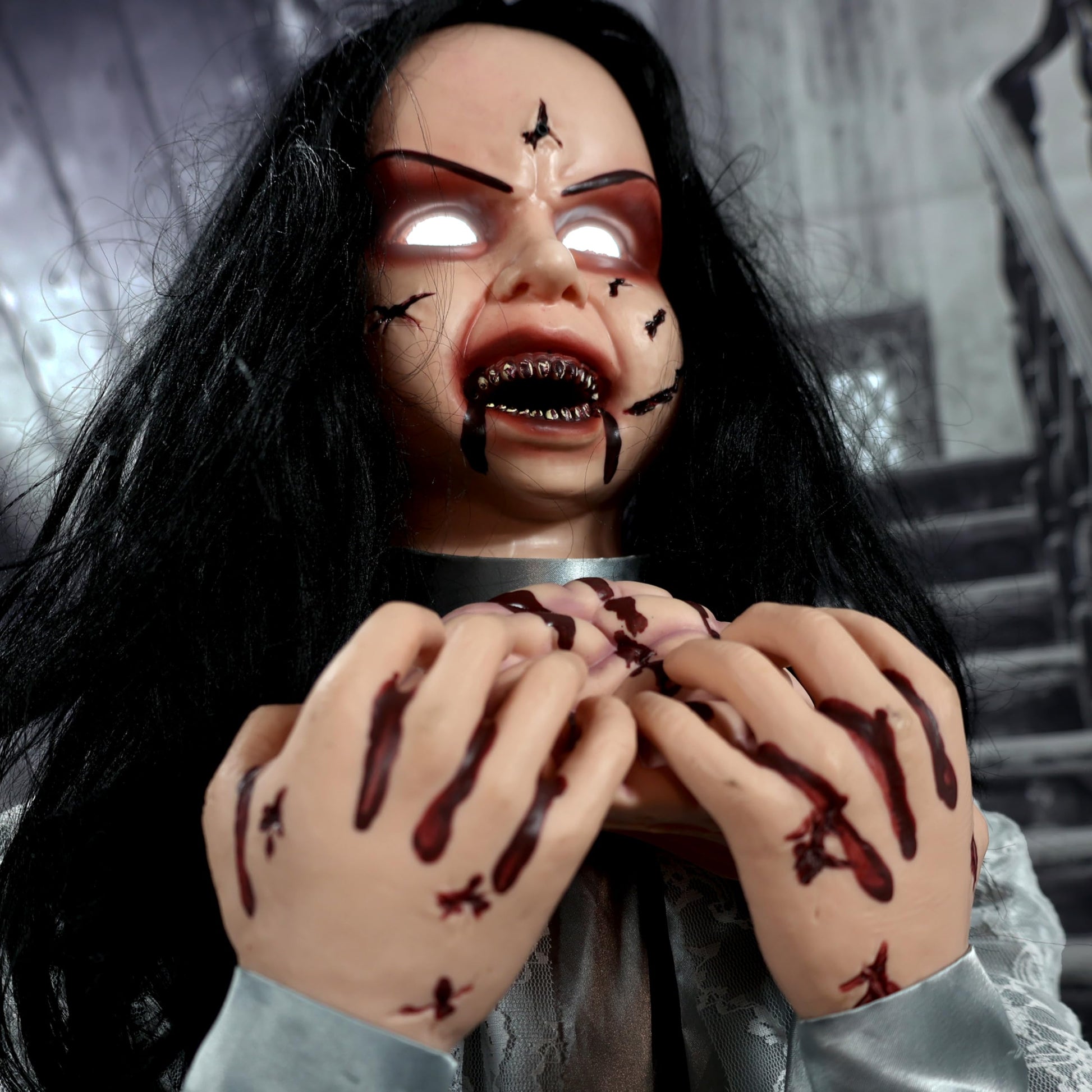 Haunted Hill Farm Lunging Pumpkin Carver Zombie Girl by Tekky, Motion-Activated Talking Halloween Animatronic for Indoor or Covered Outdoor Creepy Halloween Decorations, Plug-in or Battery Operated