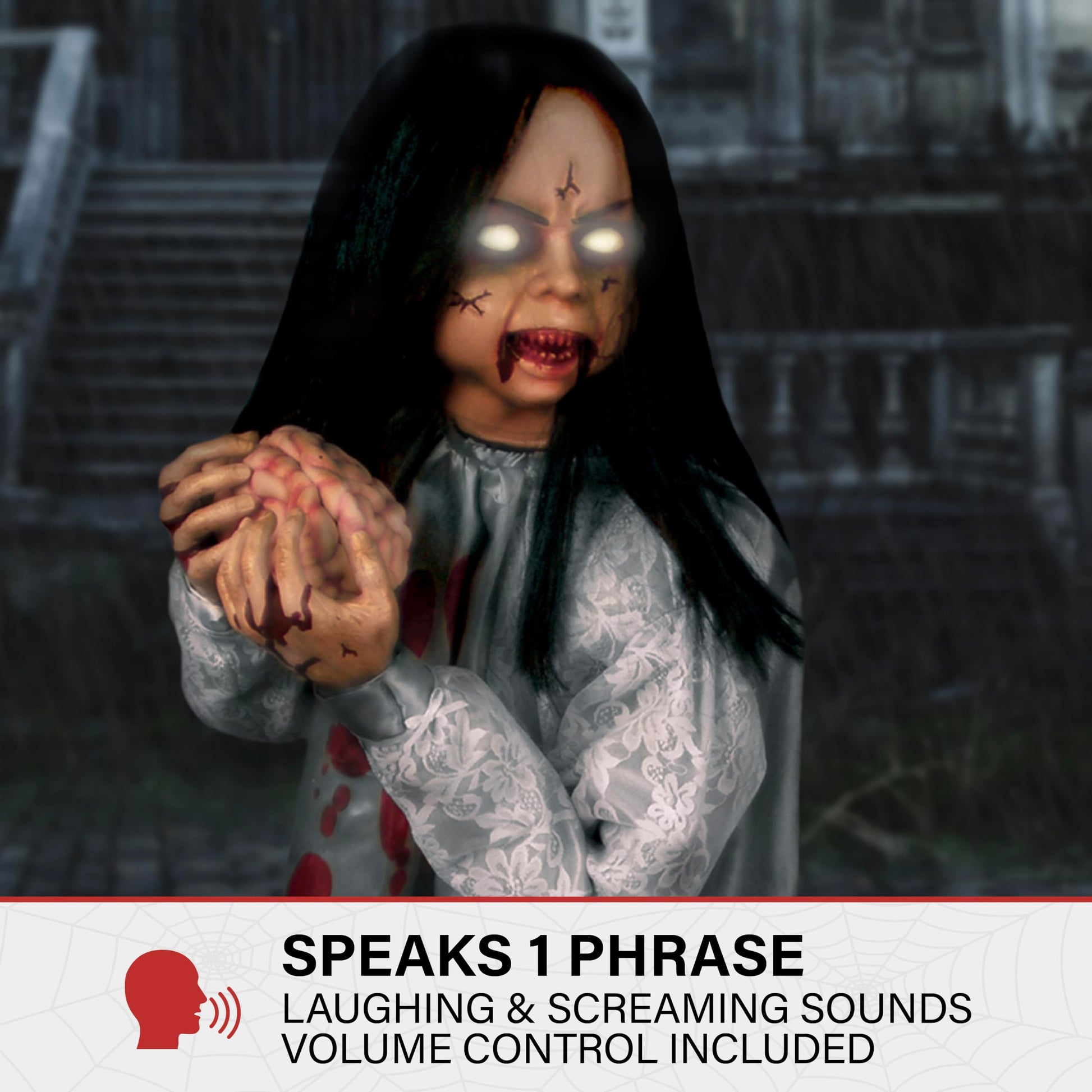 Haunted Hill Farm Lunging Pumpkin Carver Zombie Girl by Tekky, Motion-Activated Talking Halloween Animatronic for Indoor or Covered Outdoor Creepy Halloween Decorations, Plug-in or Battery Operated