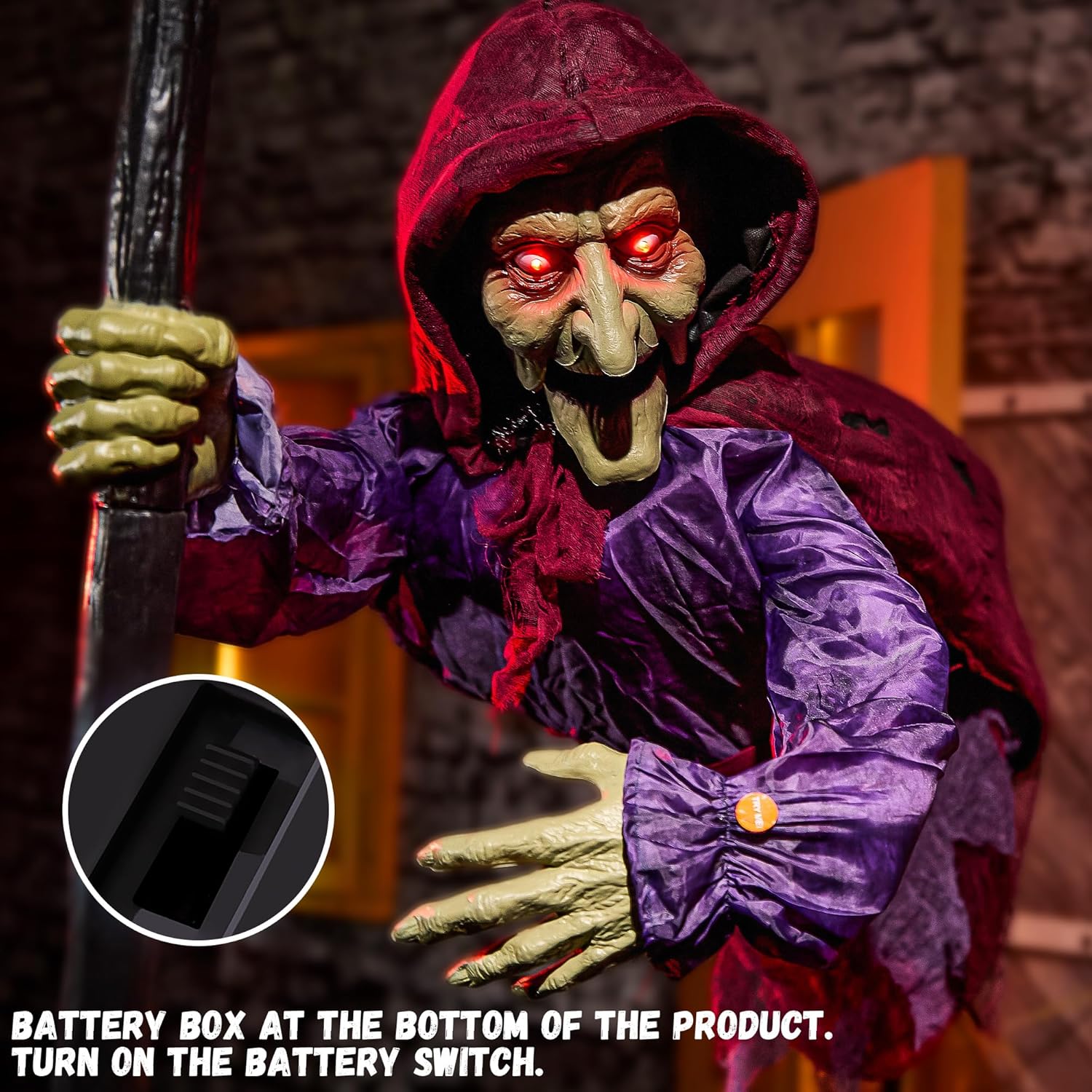 Halloween Animatronics Flying Witch Decorations, 6ft Animated Floating Witch with Sound Activated, Creepy Talking Sound, Mouth Move, Light Up Eyes, Haunted Decor Horror Prop for Outdoor, Yard Lawn