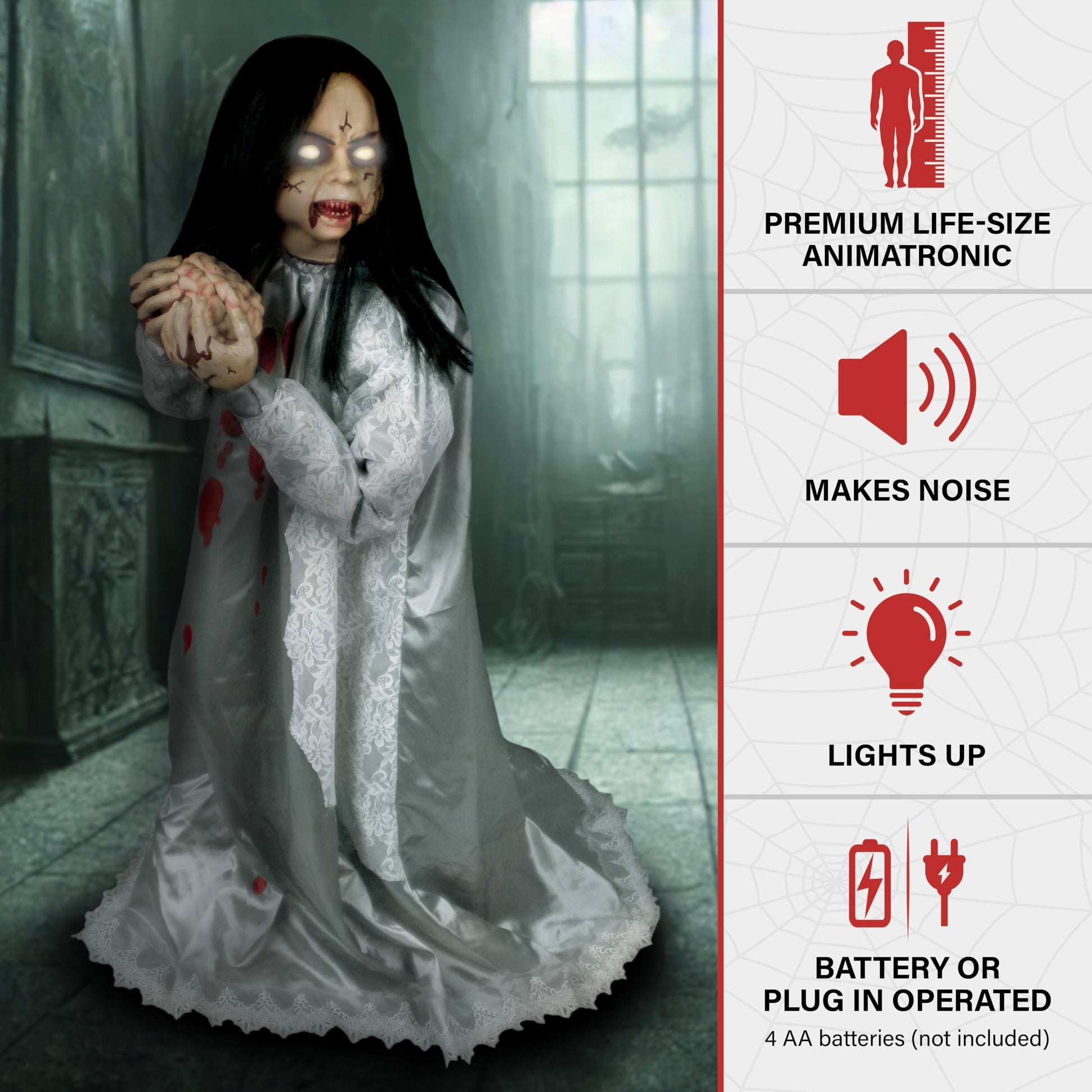 Haunted Hill Farm Lunging Pumpkin Carver Zombie Girl by Tekky, Motion-Activated Talking Halloween Animatronic for Indoor or Covered Outdoor Creepy Halloween Decorations, Plug-in or Battery Operated