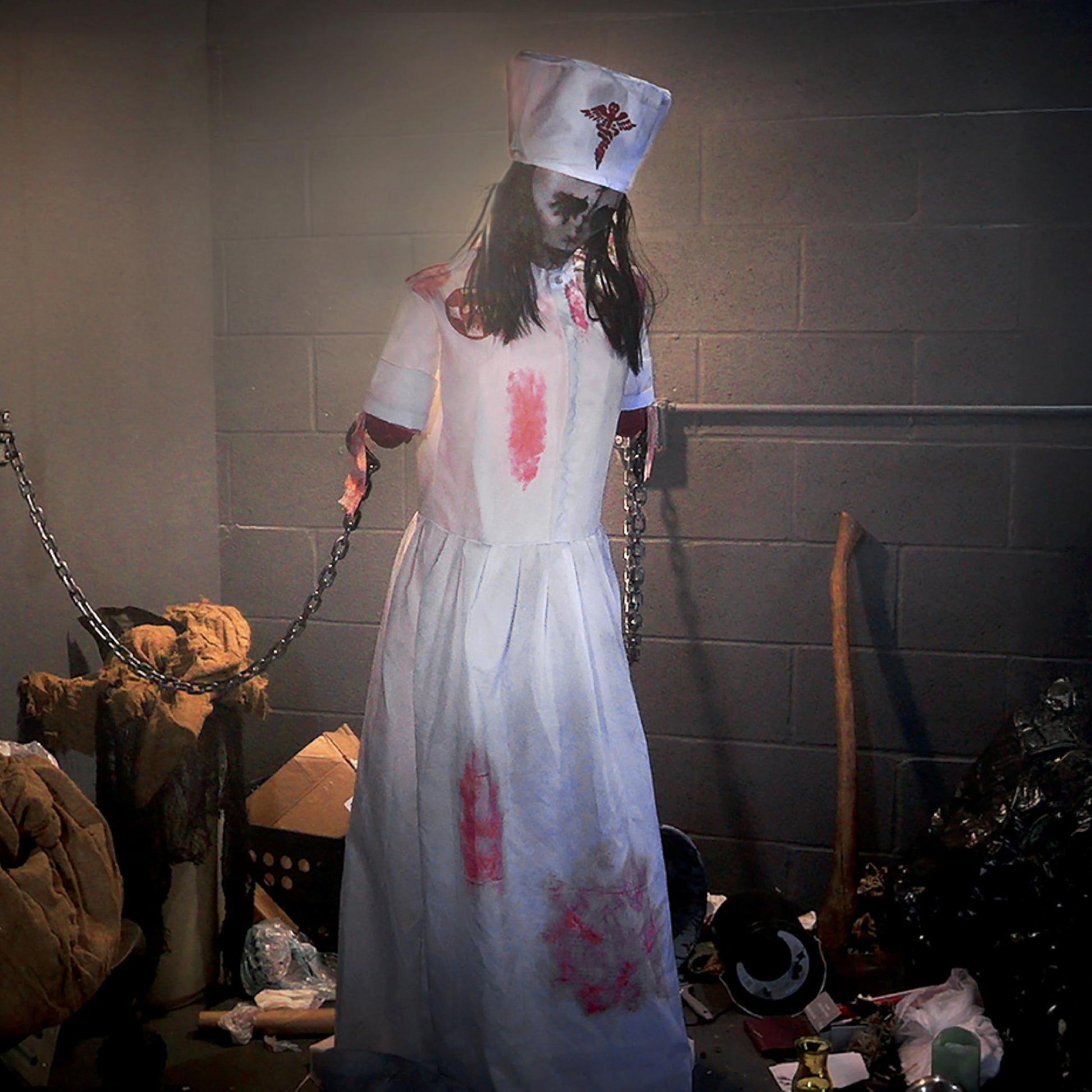 Haunted Hill Farm Lunging Pumpkin Carver Zombie Girl by Tekky, Motion-Activated Talking Halloween Animatronic for Indoor or Covered Outdoor Creepy Halloween Decorations, Plug-in or Battery Operated