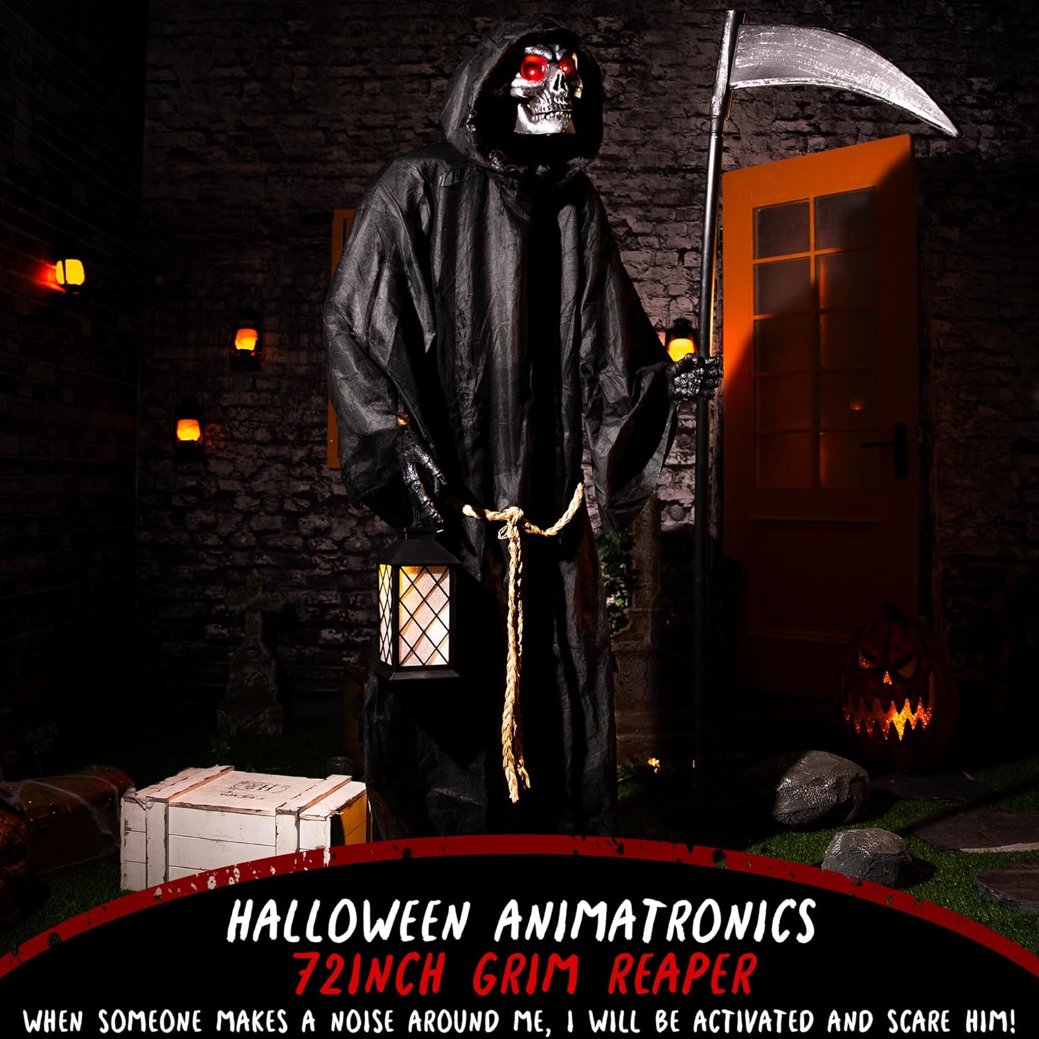 Halloween Animatronics 6ft Grim Reaper, 72inch Animated Skeleton Decoration with Sensor Activated, Creepy Voice, Spooky Skull Head, Light Up Eyes, Haunted Scary Move Horror Prop for Indoor, Outdoor
