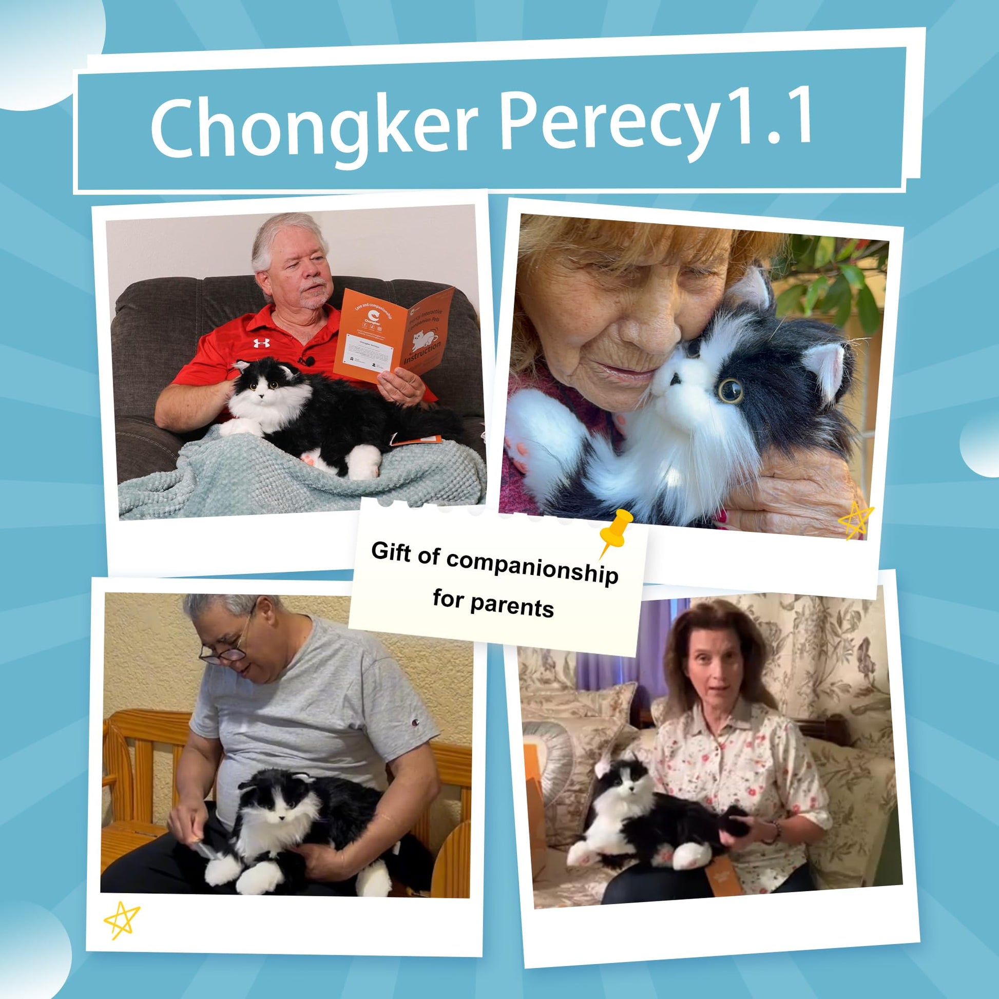 Chongker Interactive Companion Robot Cat Pets, Handmade Weighted Stuffed Animals, Cat Plush Toy with Voice Response, Realistic Heartbeat and Purring, Black Cat